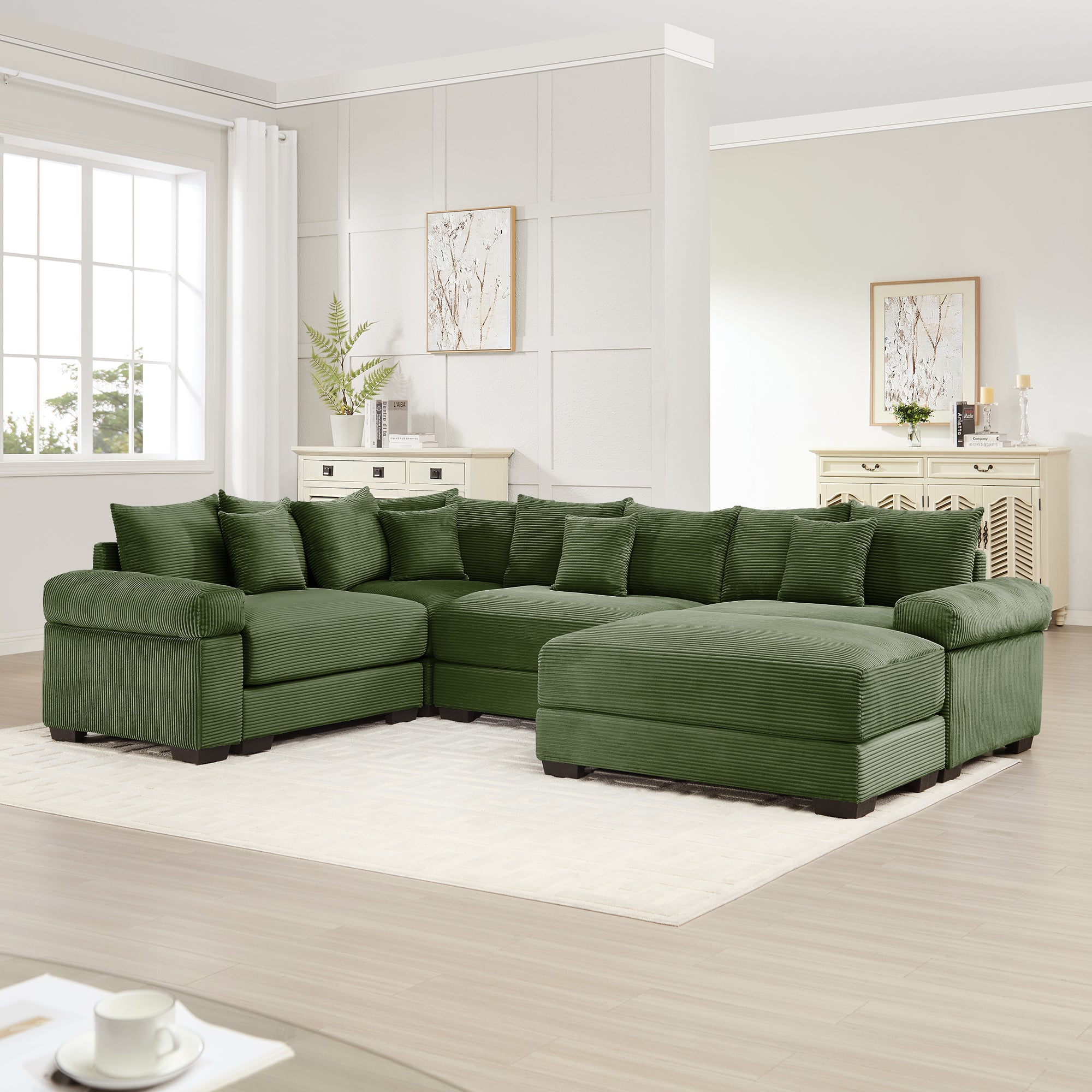 Albany 117" Oversized 5 Pieces Corduroy Modular Corner Sectional Sofa with Ottoman, Green