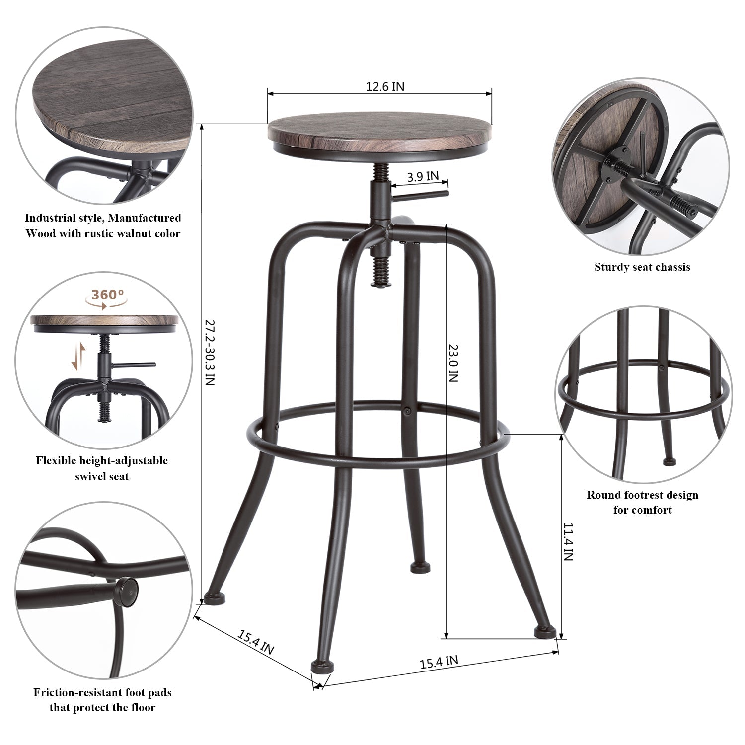 Anacletus Adjustable Metal Bar Stools With Wooden Seat-HOMY CASA