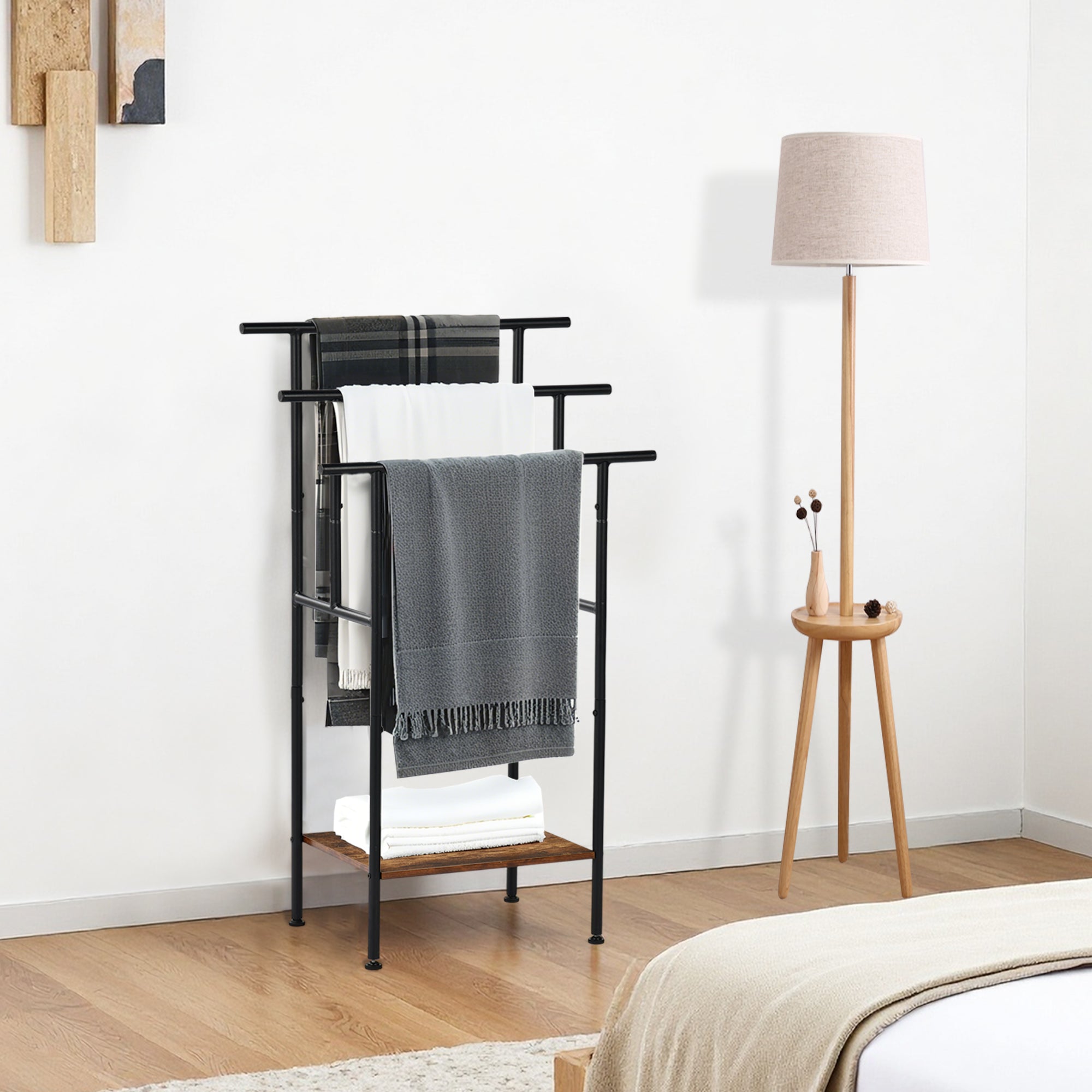 BALA Free Standing Towel Rack with Shelf 3 Bar Bathroom Towel Holder Black Metal Frame Rustic Brown