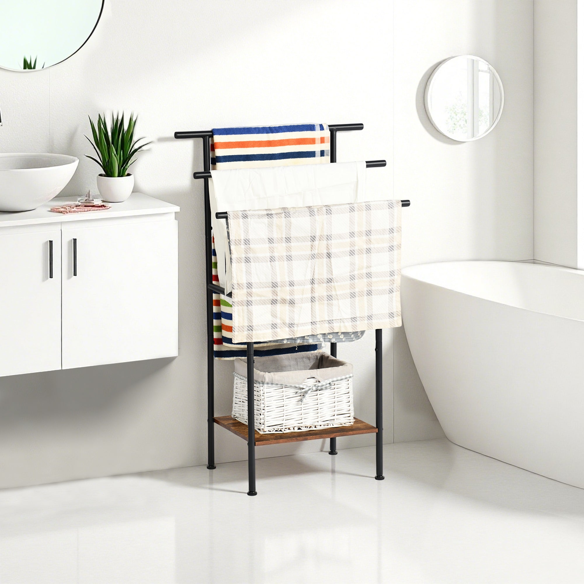BALA Free Standing Towel Rack with Shelf 3 Bar Bathroom Towel Holder Black Metal Frame Rustic Brown