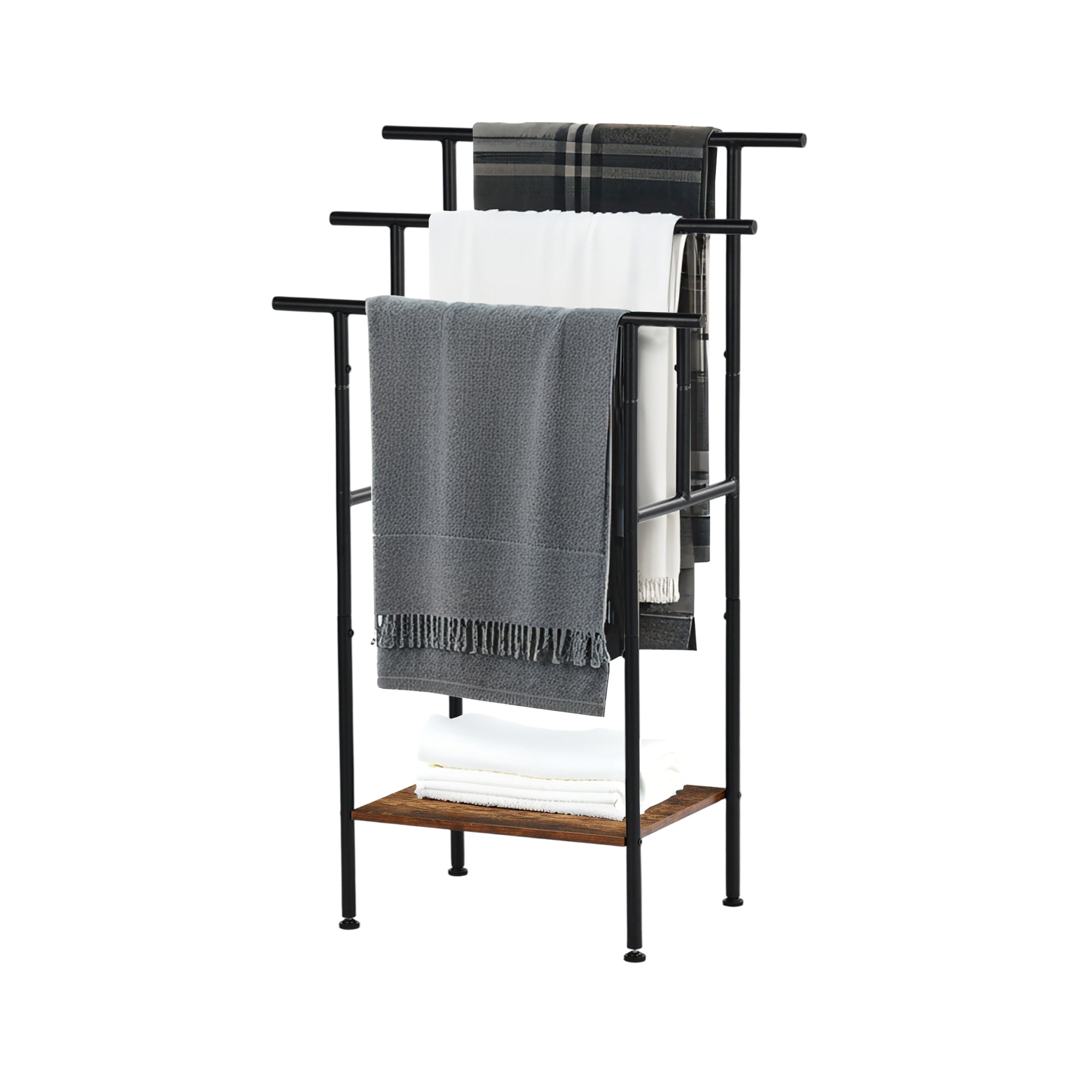 BALA Free Standing Towel Rack with Shelf 3 Bar Bathroom Towel Holder Black Metal Frame Rustic Brown