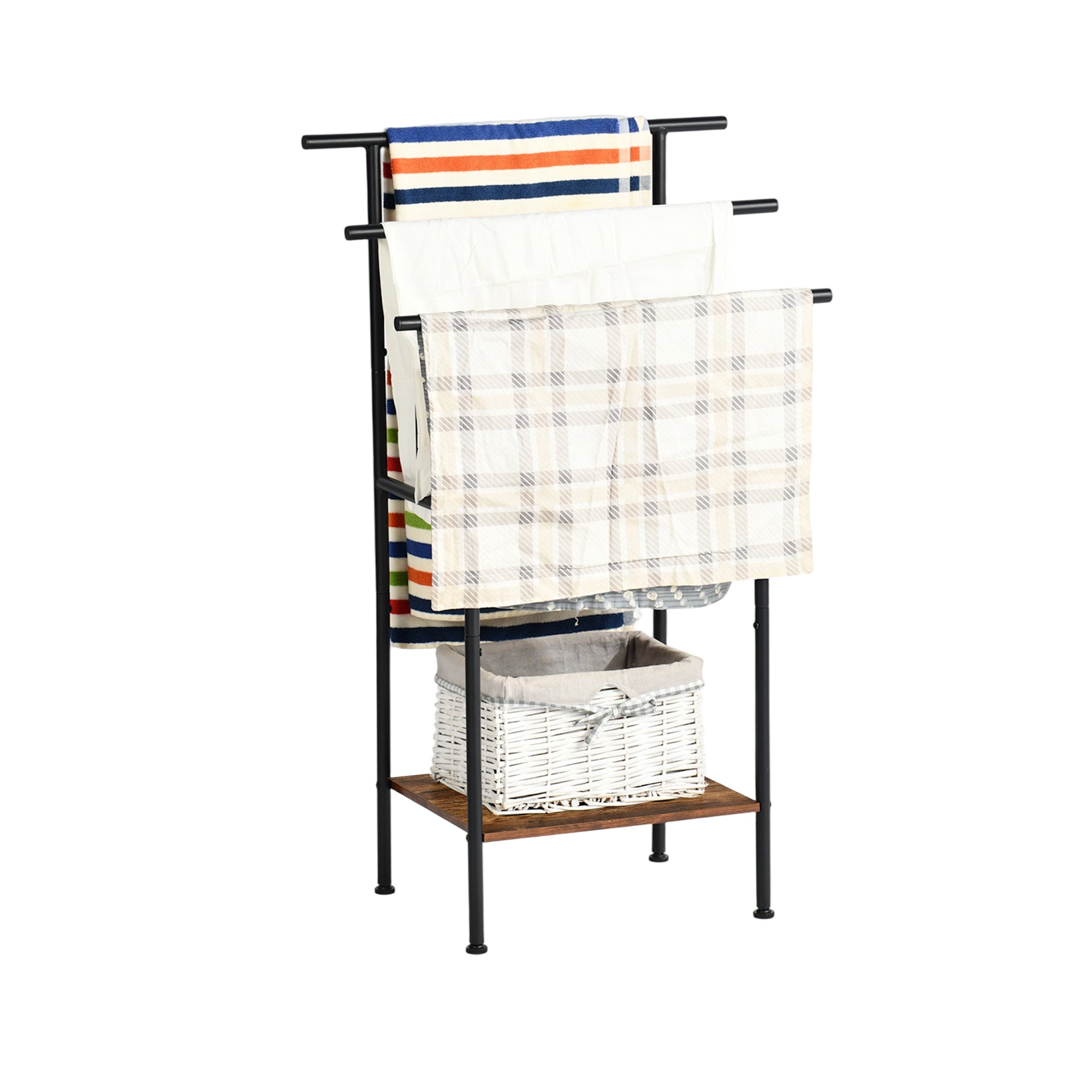 BALA Free Standing Towel Rack with Shelf 3 Bar Bathroom Towel Holder Black Metal Frame Rustic Brown