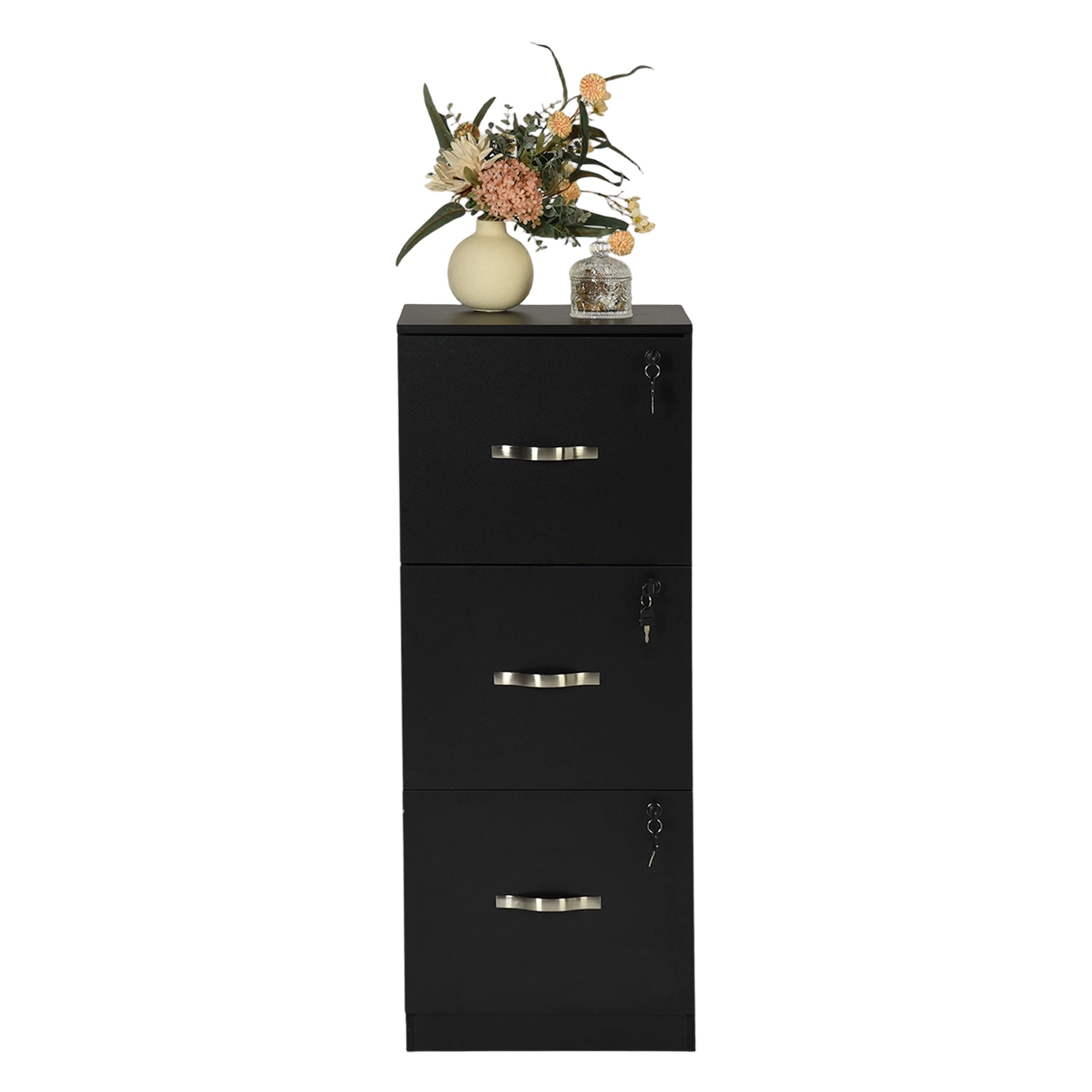BRAUM 3 Drawer Locking File Cabinet, Black Metal Vertical Filing Cabinet with Keys for Home Office