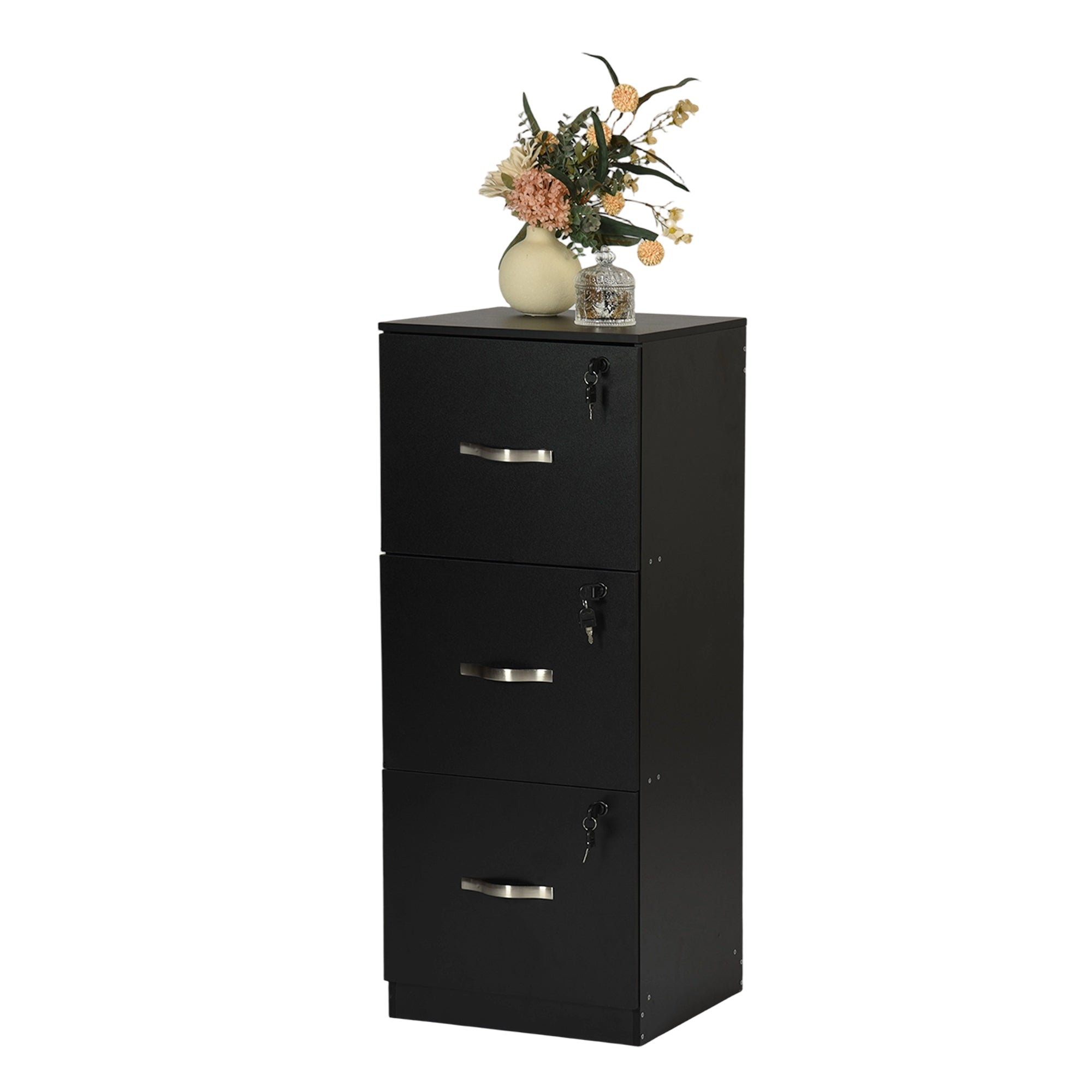 BRAUM 3 Drawer Locking File Cabinet, Black Metal Vertical Filing Cabinet with Keys for Home Office