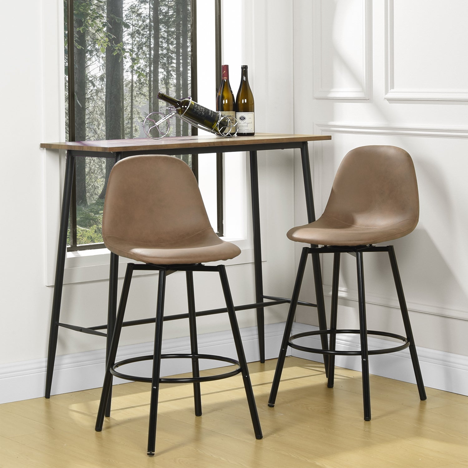 Char Set of 2 Modern Faux Leather Swivel Counter Stools Brown