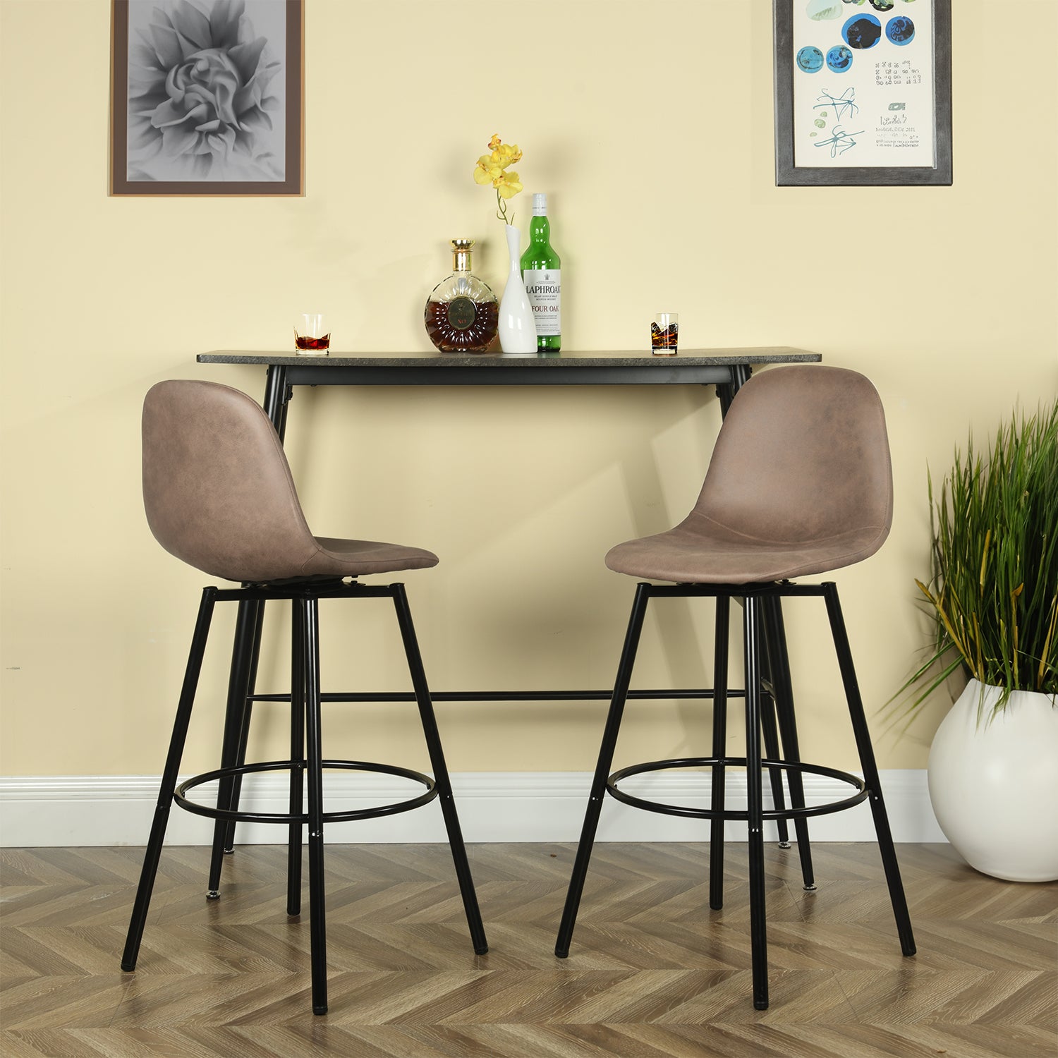 Char Set of 2 Modern Faux Leather Swivel Counter Stools Brown