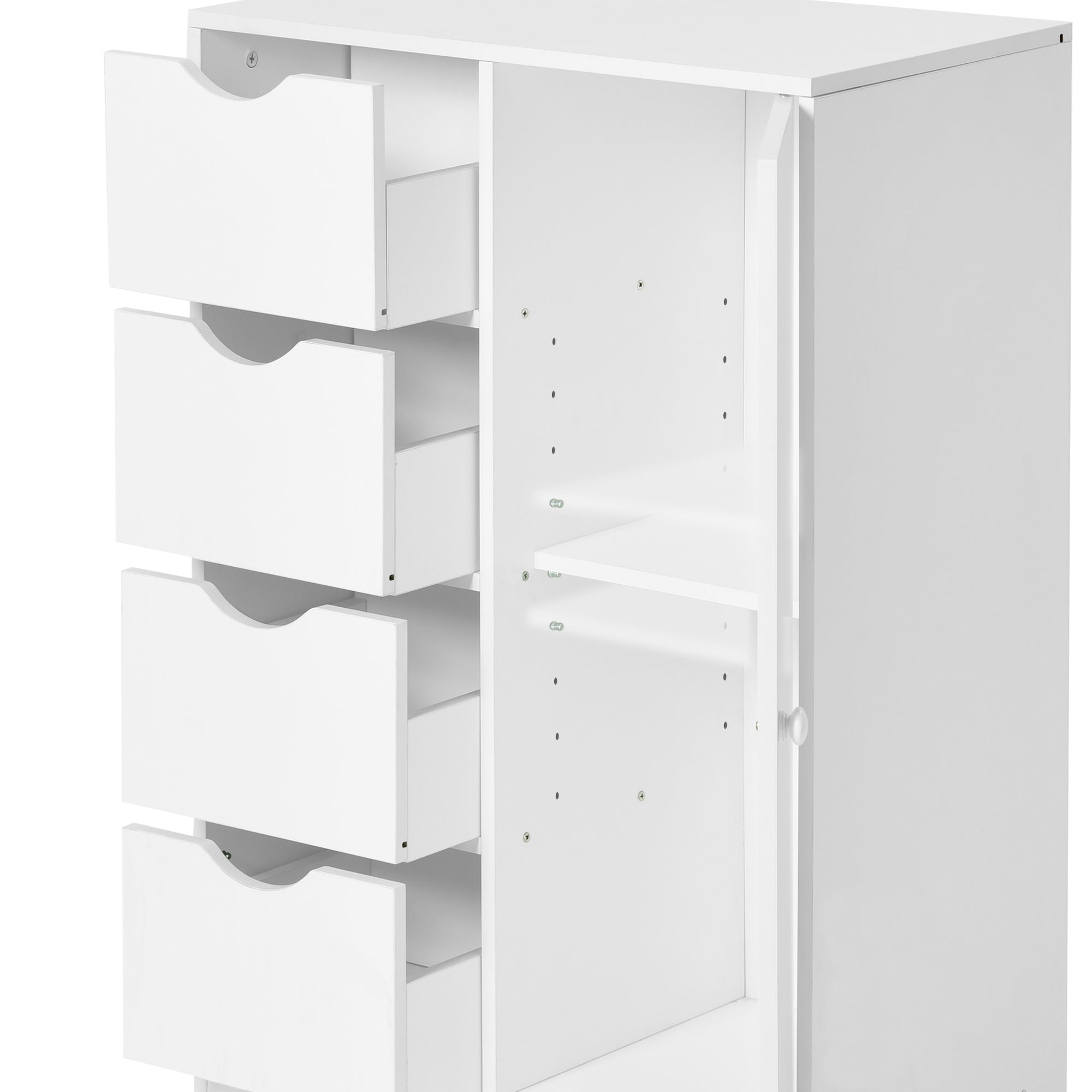 COLIN White Storage Cabinet, 32.2” Tall Floor Cabinet with 4 Drawers and Side Door, 21.8” W x 11.8” D, Small Bathroom or Bedroom Organizer