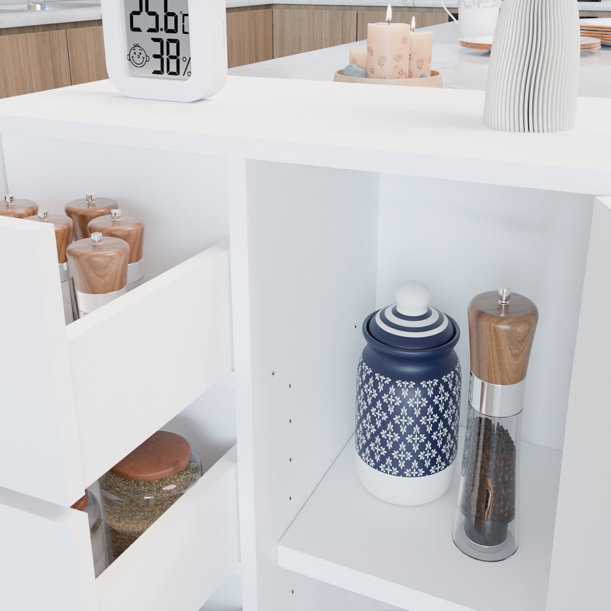 COLIN White Storage Cabinet, 32.2” Tall Floor Cabinet with 4 Drawers and Side Door, 21.8” W x 11.8” D, Small Bathroom or Bedroom Organizer