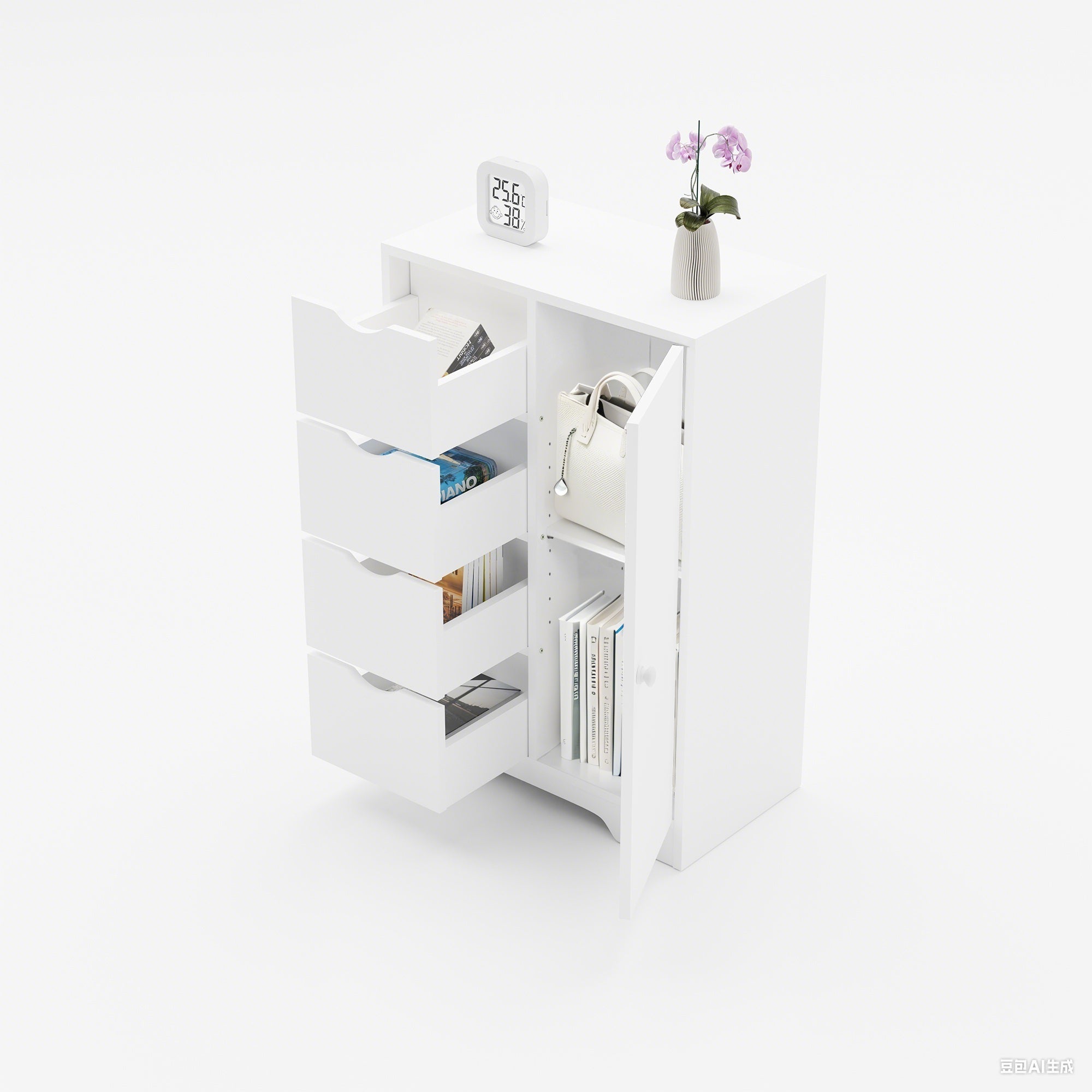 COLIN White Storage Cabinet, 32.2” Tall Floor Cabinet with 4 Drawers and Side Door, 21.8” W x 11.8” D, Small Bathroom or Bedroom Organizer