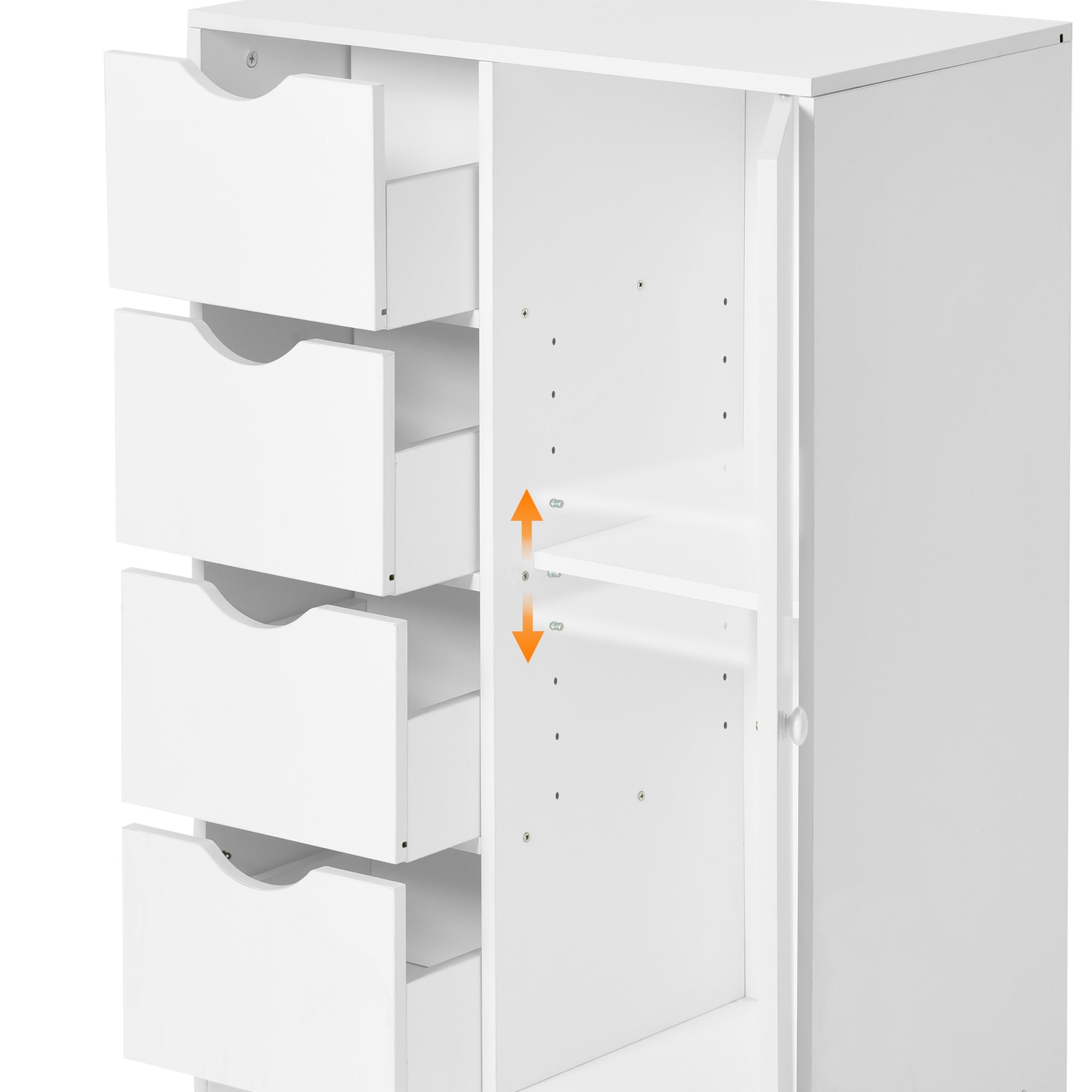 COLIN White Storage Cabinet, 32.2” Tall Floor Cabinet with 4 Drawers and Side Door, 21.8” W x 11.8” D, Small Bathroom or Bedroom Organizer