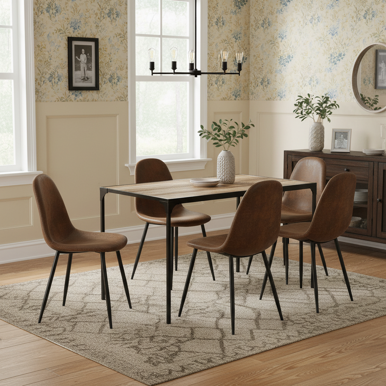 Milliken 5 Piece Walnut Dining Table Set with 4 Charlton Chairs, Suede Brown