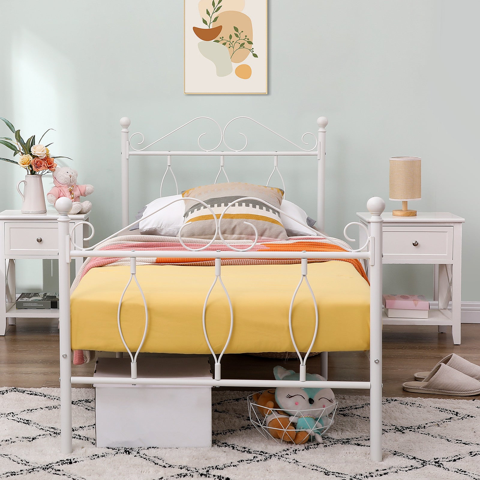 DANDY Twin Metal Bed Frame with Headboard and Footboard, Victorian Scroll Design, Steel Slats, No Box Spring, White