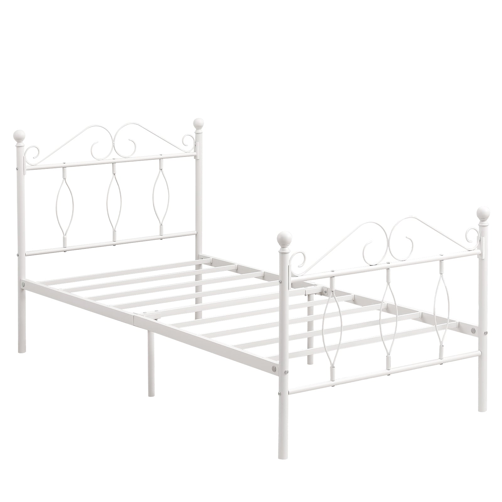 DANDY Twin Metal Bed Frame with Headboard and Footboard, Victorian Scroll Design, Steel Slats, No Box Spring, White