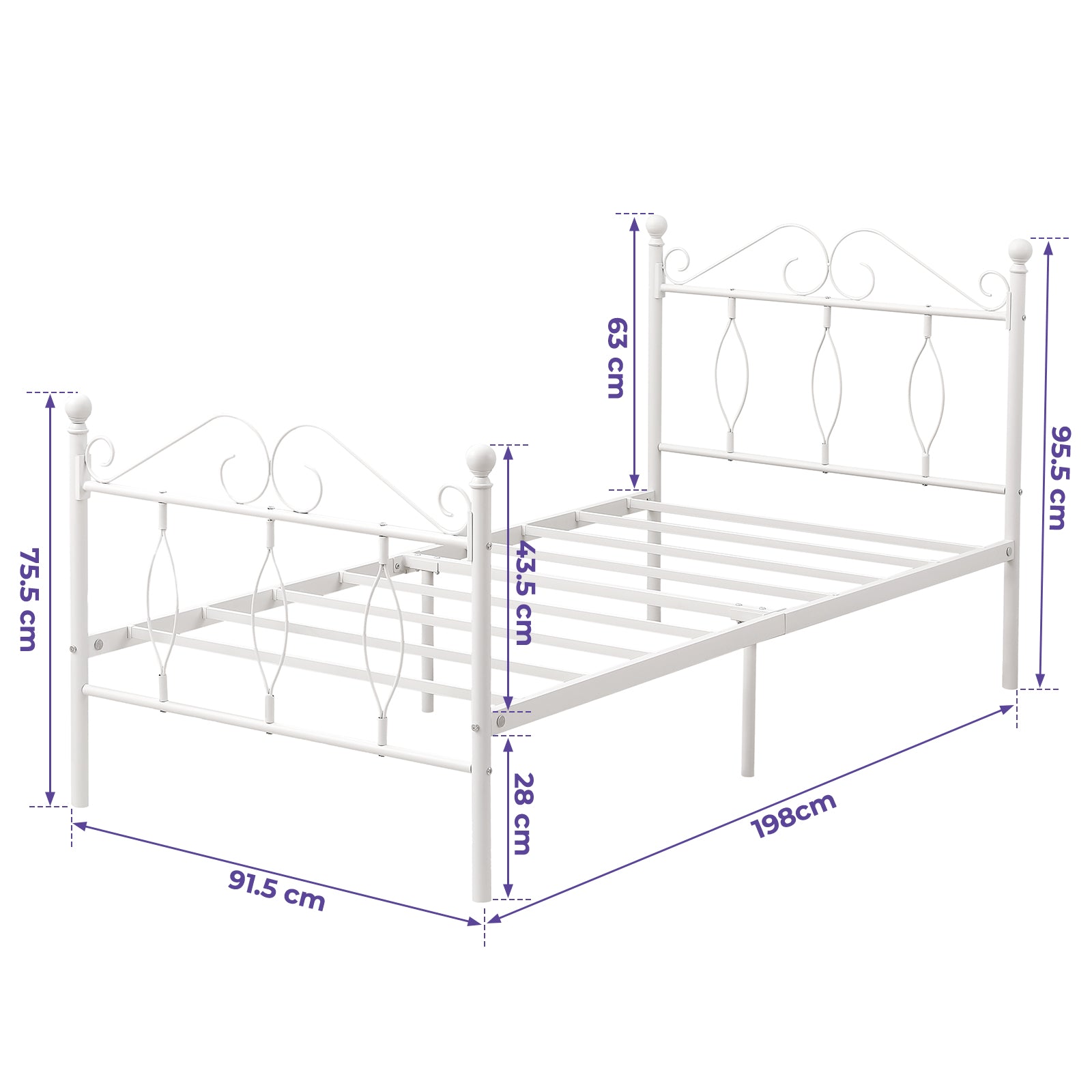 DANDY Twin Metal Bed Frame with Headboard and Footboard, Victorian Scroll Design, Steel Slats, No Box Spring, White