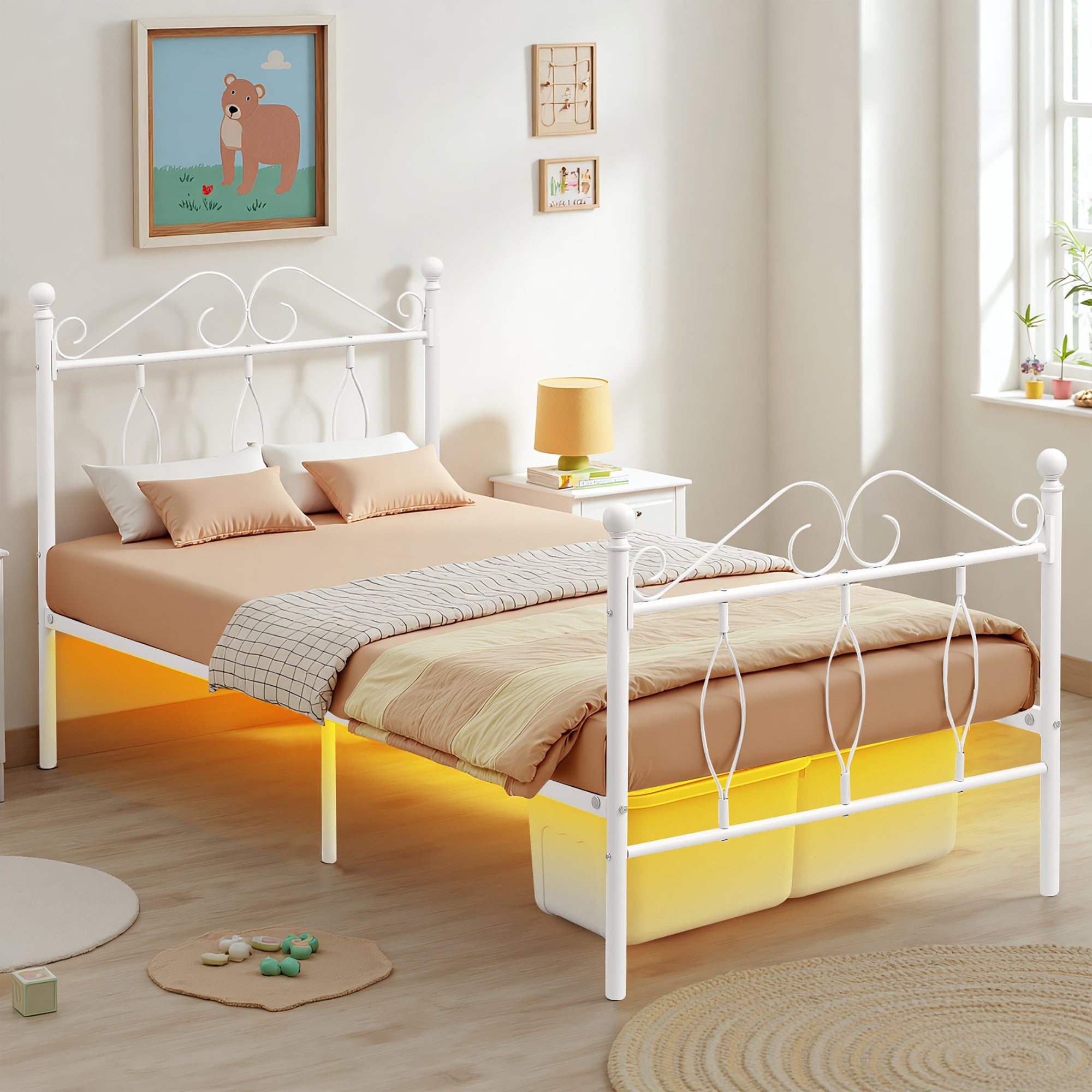 DANDY Twin Metal Bed Frame with Headboard and Footboard, Victorian Scroll Design, Steel Slats, No Box Spring, White