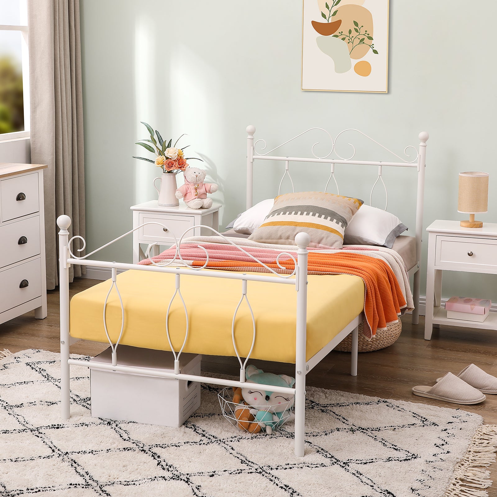 DANDY Twin Metal Bed Frame with Headboard and Footboard, Victorian Scroll Design, Steel Slats, No Box Spring, White