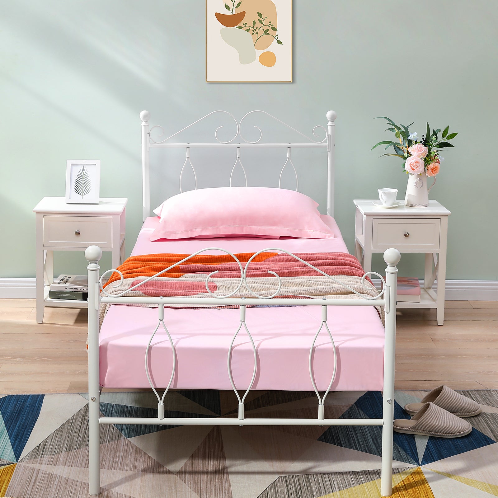 DANDY Twin Metal Bed Frame with Headboard and Footboard, Victorian Scroll Design, Steel Slats, No Box Spring, White