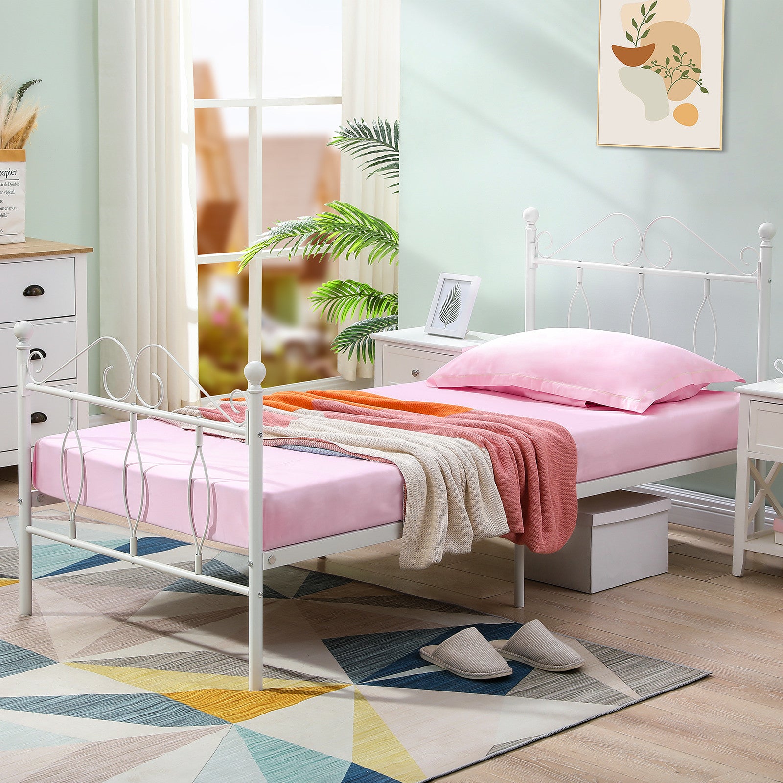 DANDY Twin Metal Bed Frame with Headboard and Footboard, Victorian Scroll Design, Steel Slats, No Box Spring, White