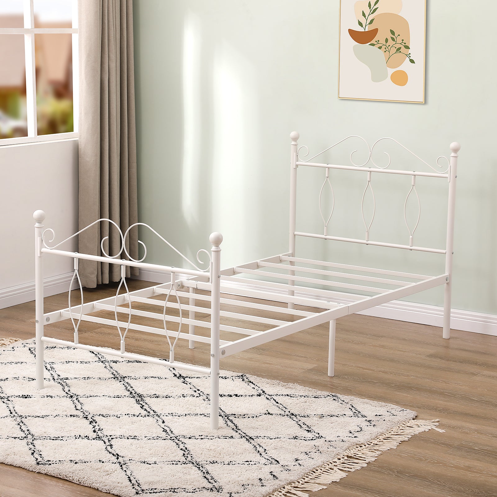 DANDY Twin Metal Bed Frame with Headboard and Footboard, Victorian Scroll Design, Steel Slats, No Box Spring, White