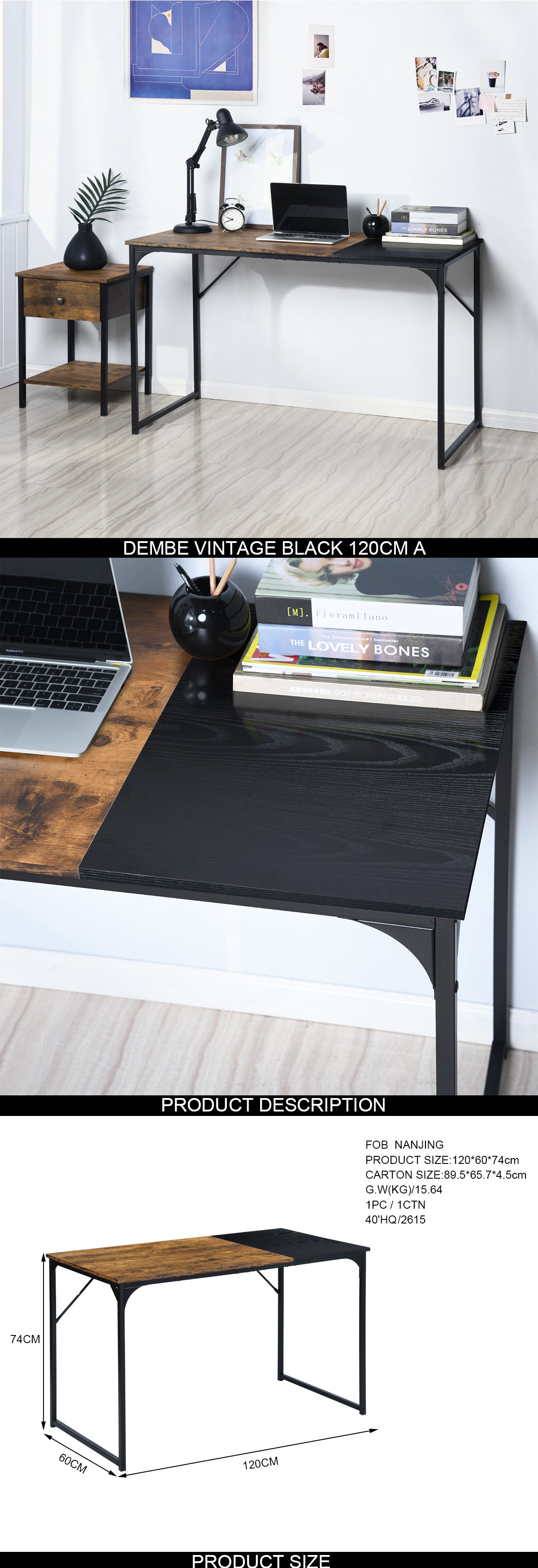 Dembe Two Tone Writing Desk, Rustic Brown and Black, Metal Frame Computer Desk for Home Office