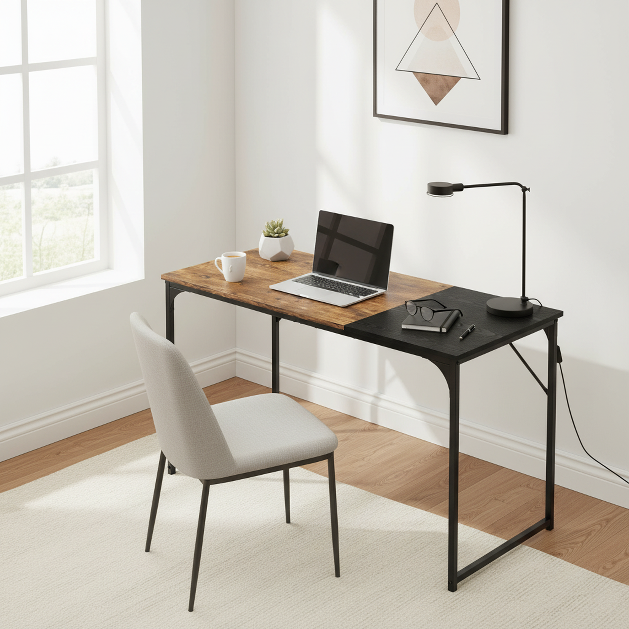 Dembe Two Tone Writing Desk, Rustic Brown and Black, Metal Frame Computer Desk for Home Office