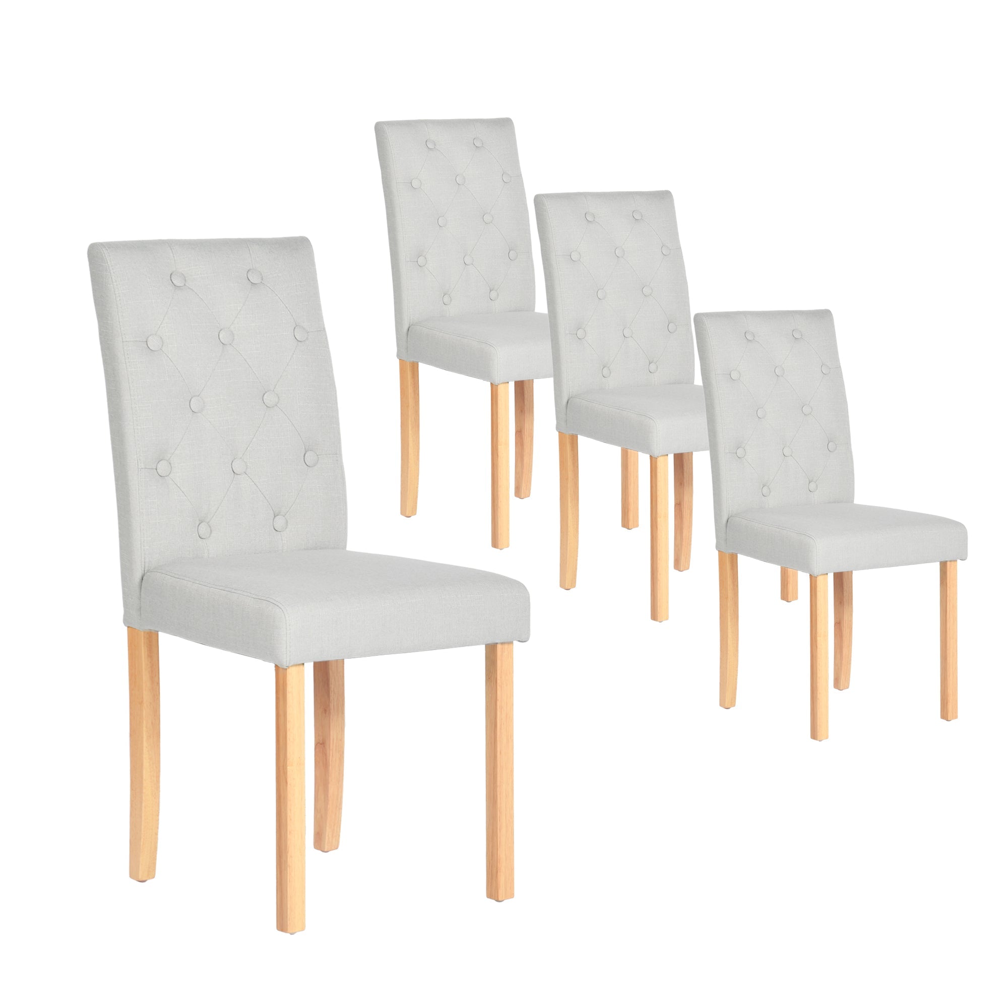 Beige fabric dining chair with wooden legs, featuring button-tufted backrest, set of 4.