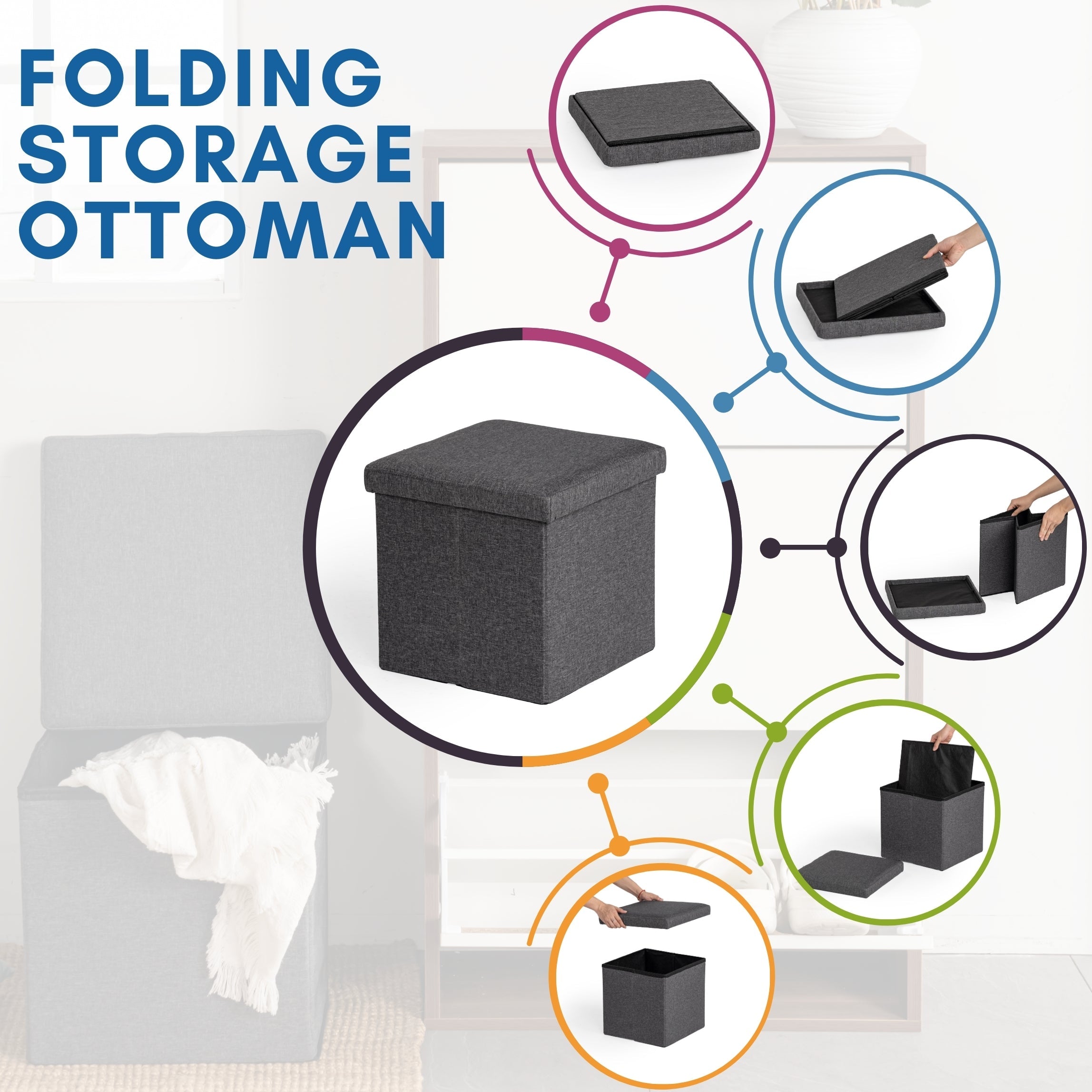 grey folding ottoman with storage-versatile design for seating or organizing essentials in any room