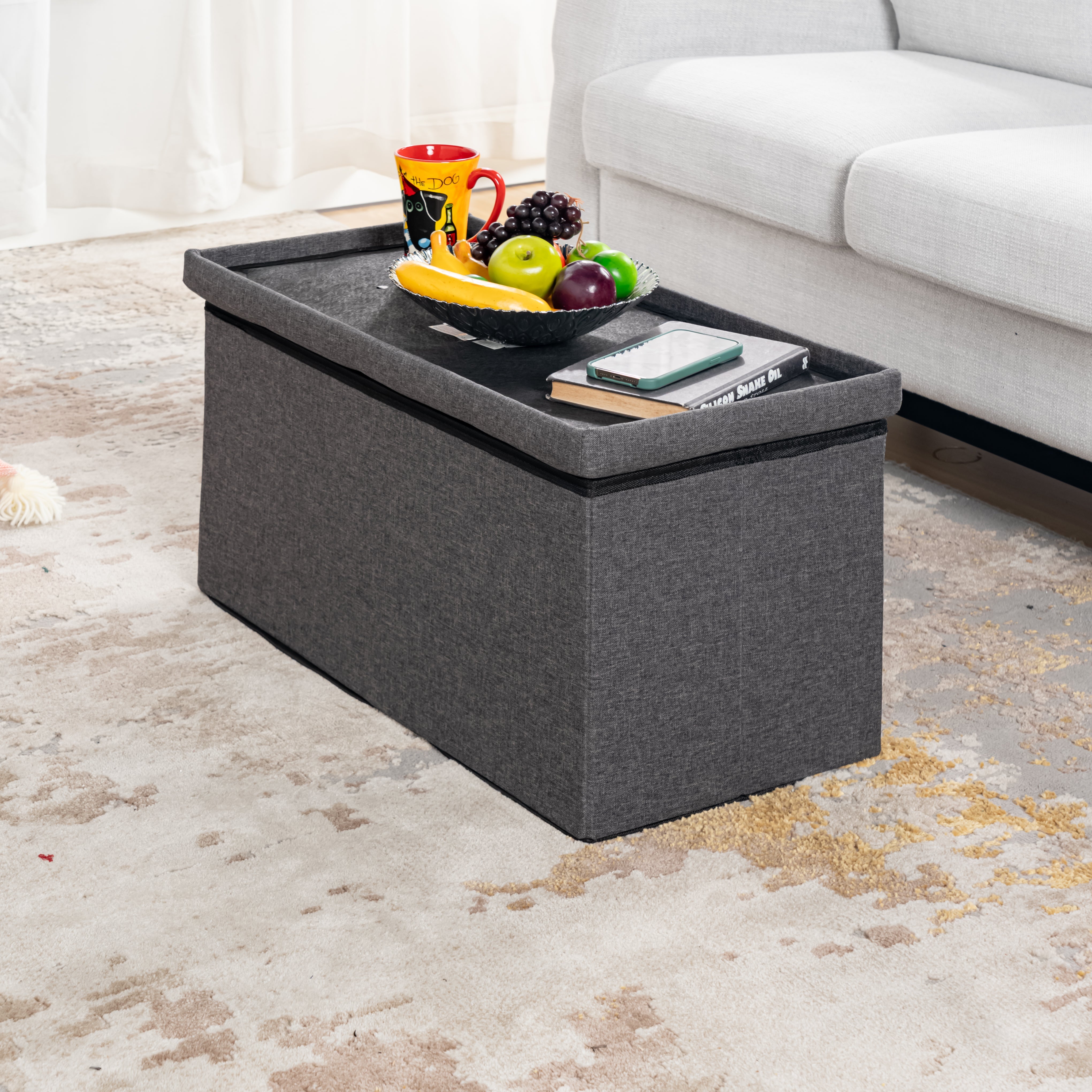 folding grey loveseat with storage function-versatile seating or storage box for home-space-saving upholstered two-seater