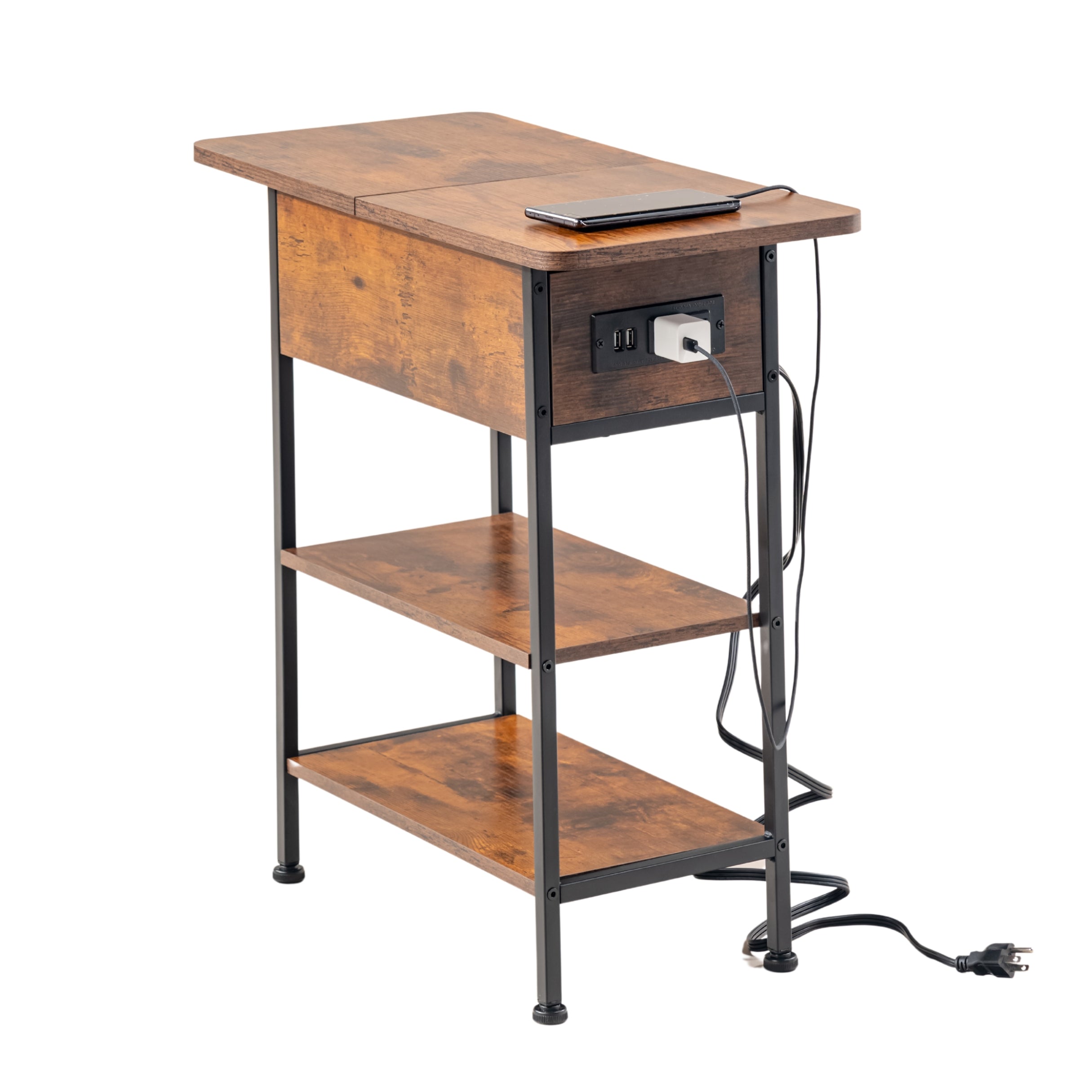 narrow side table with storage space-open shelf design-usb charging outlet-adjustable footpad-metal frame-modern accent table