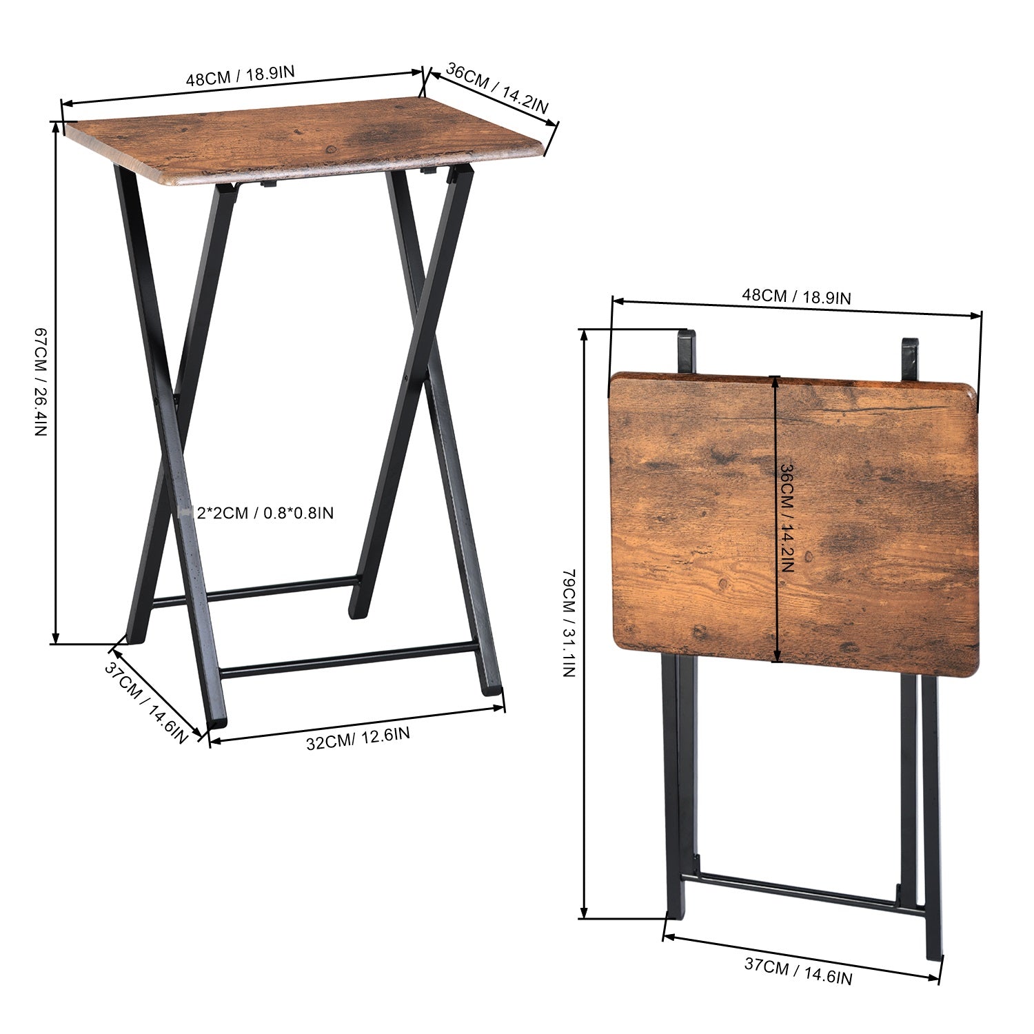 vintage brown foldable side table set of 2 - compact design - versatile use in living room or bedroom - sturdy construction with space-saving features