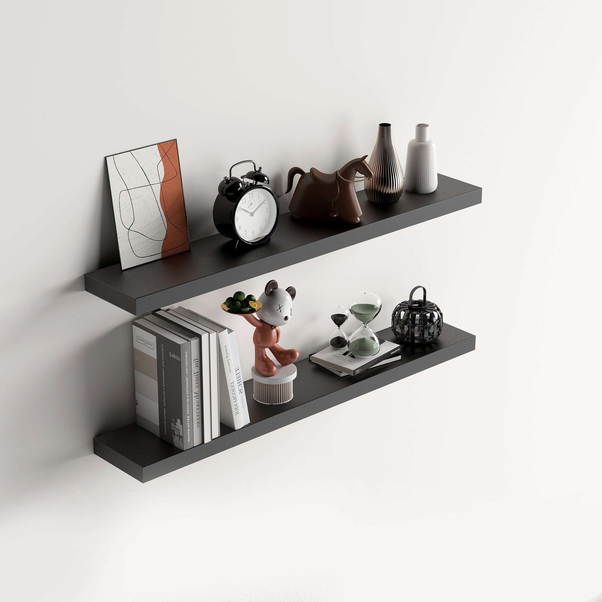 KARI Floating Shelves Set of 2, 31.5 x 9.2 in, Black Wall Shelves with Hidden Brackets for Living Room Bathroom Bedroom