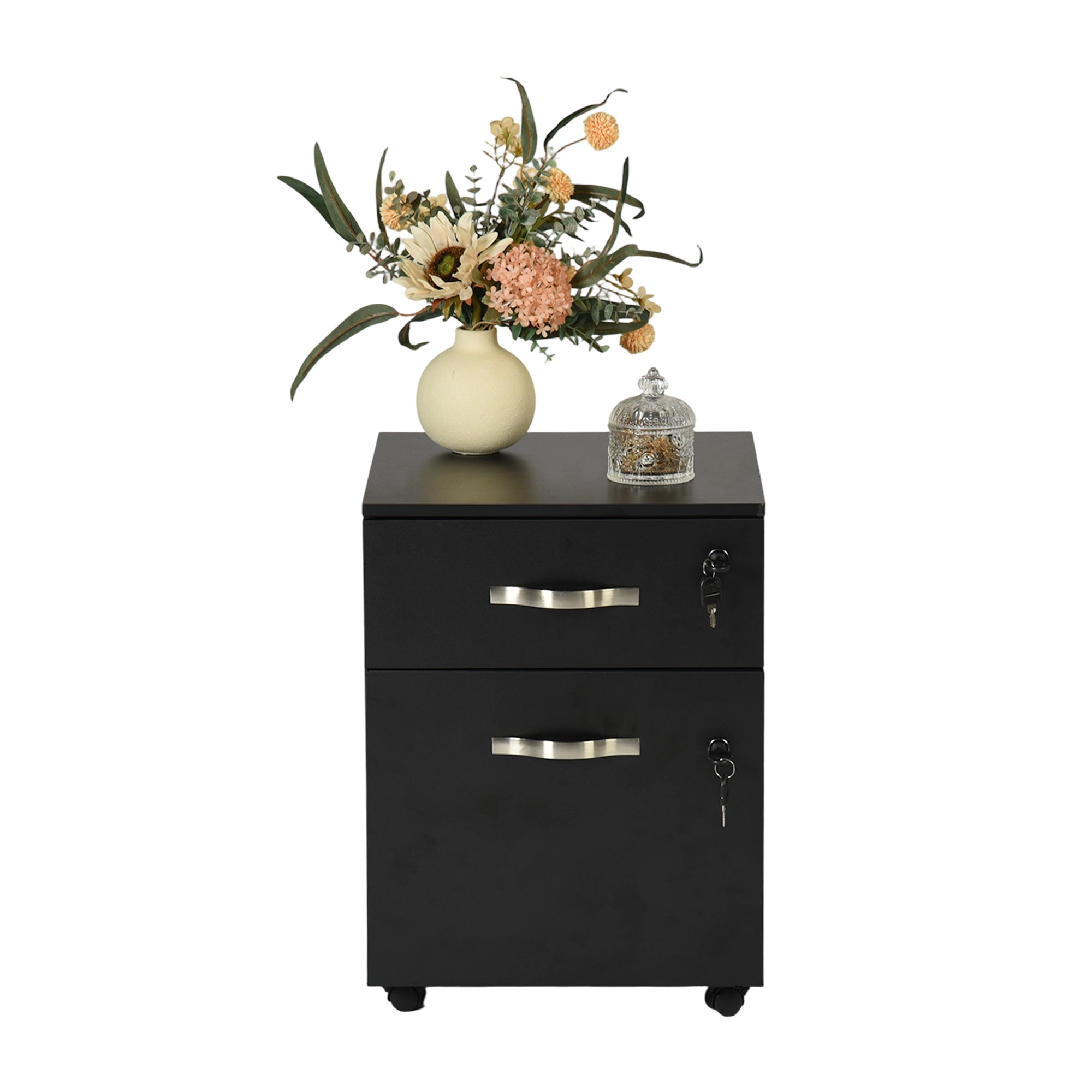 KASSADIN 2 Drawer Mobile File Cabinet, Locking Metal Filing Cabinet on Wheels for Home Office, Black Pedestal with Keys