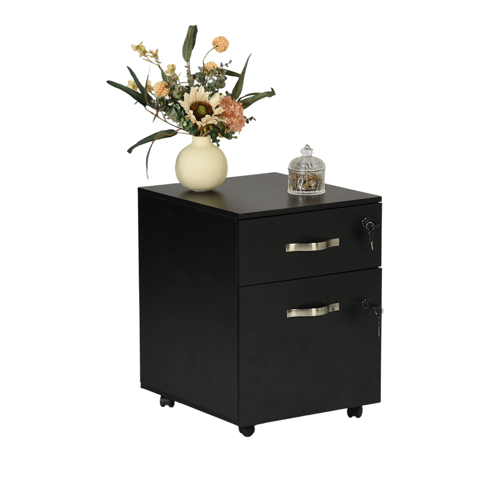 KASSADIN 2 Drawer Mobile File Cabinet, Locking Metal Filing Cabinet on Wheels for Home Office, Black Pedestal with Keys