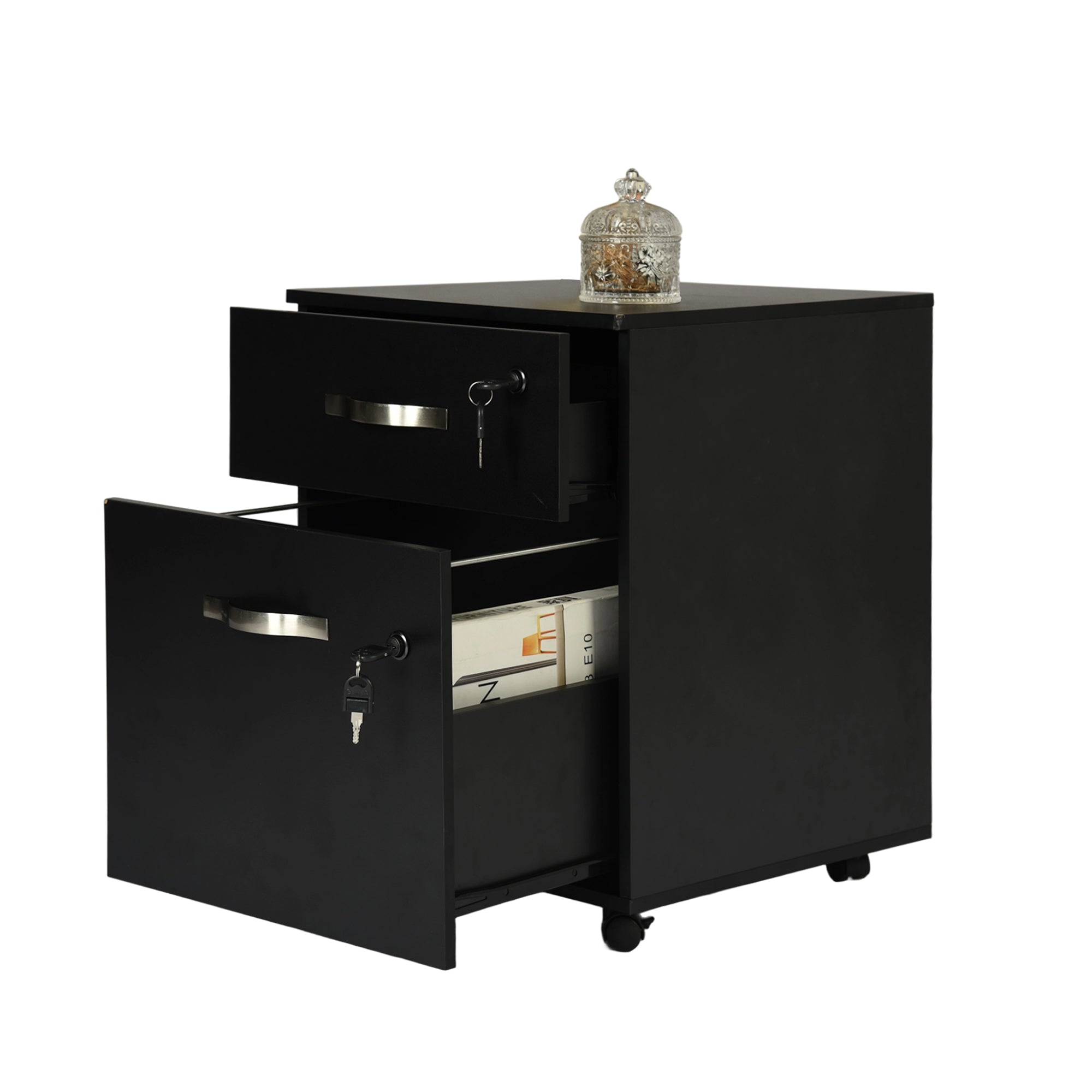 KASSADIN 2 Drawer Mobile File Cabinet, Locking Metal Filing Cabinet on Wheels for Home Office, Black Pedestal with Keys