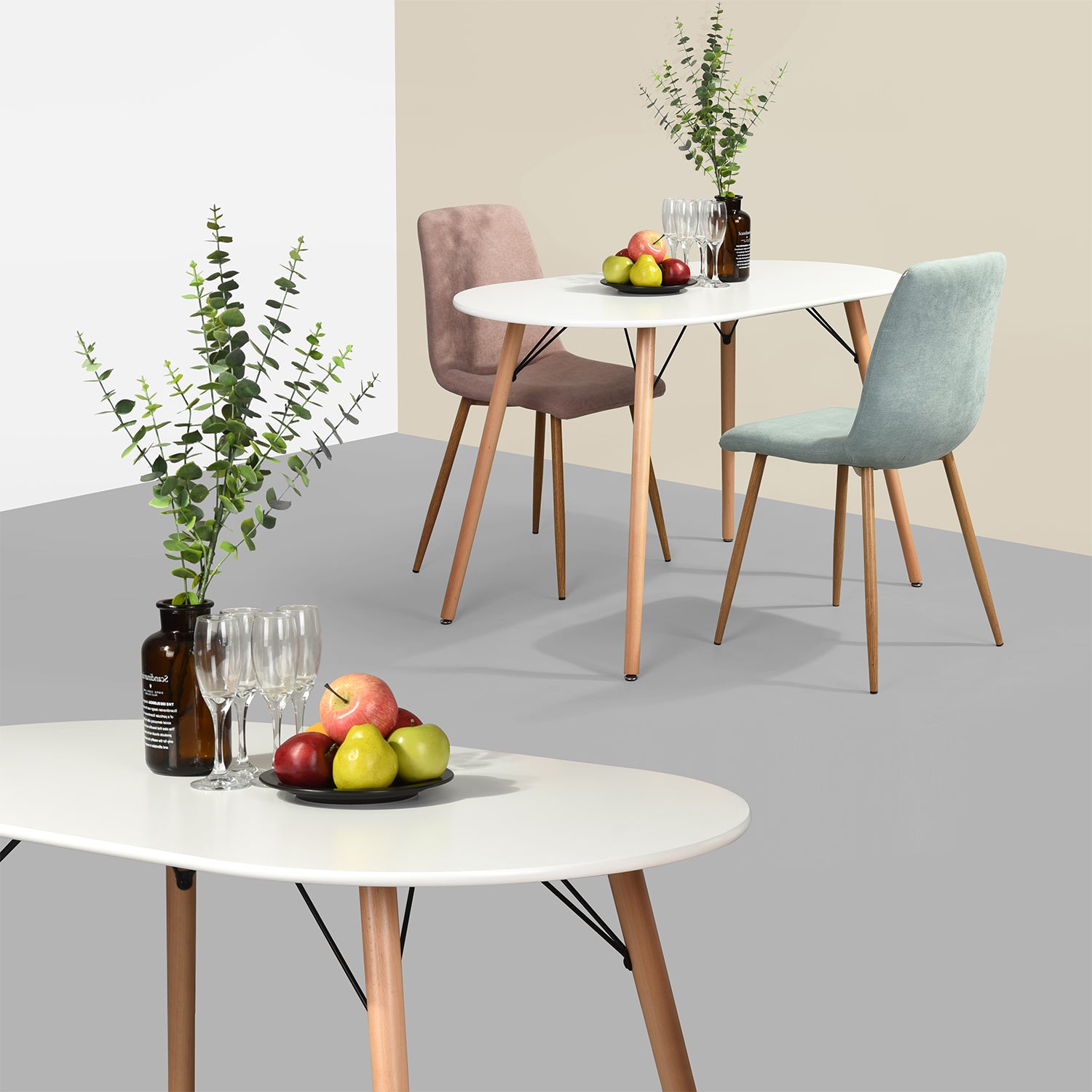 MICK 47” Oval Dining Table, White Top with Solid Wood Legs and Metal Braces, Seats 4, 47.2 × 27.6 × 29.5 in