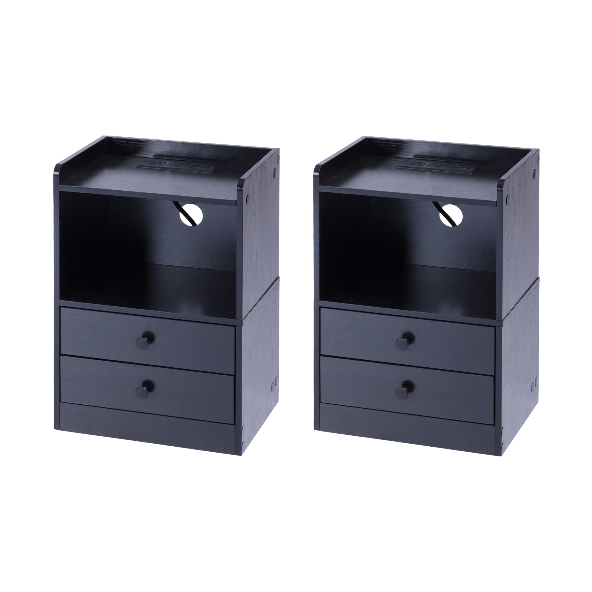 ORNN Nightstand with Charging Station, 2 Drawers, Open Shelf, Cable Port, Small Bedside Table, Black