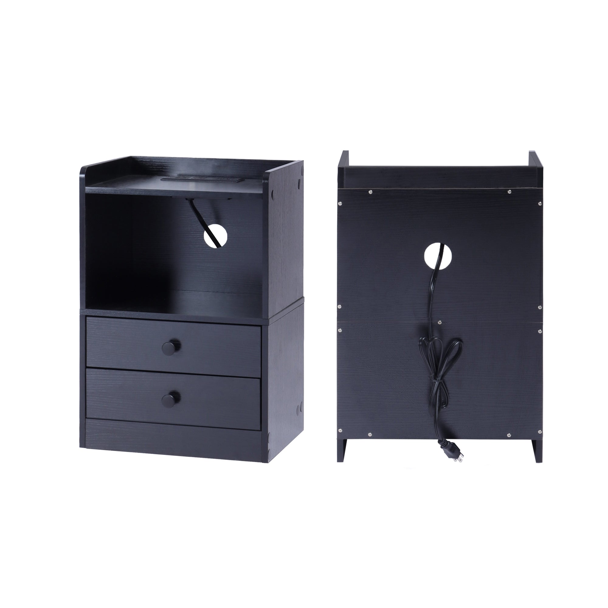 ORNN Nightstand with Charging Station, 2 Drawers, Open Shelf, Cable Port, Small Bedside Table, Black