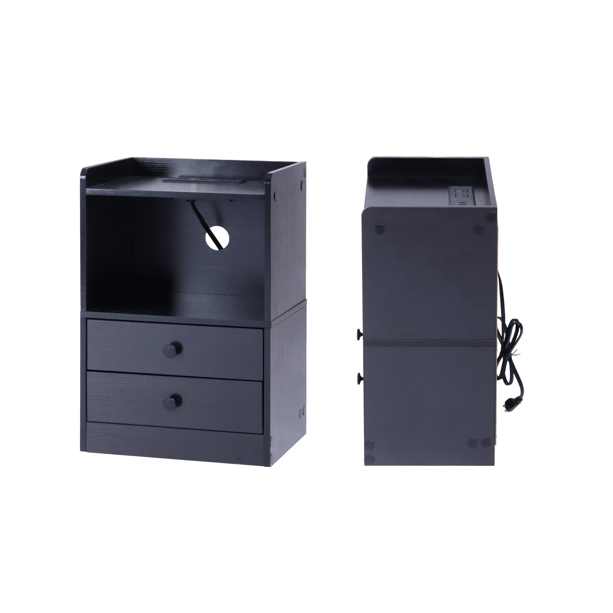 ORNN Nightstand with Charging Station, 2 Drawers, Open Shelf, Cable Port, Small Bedside Table, Black