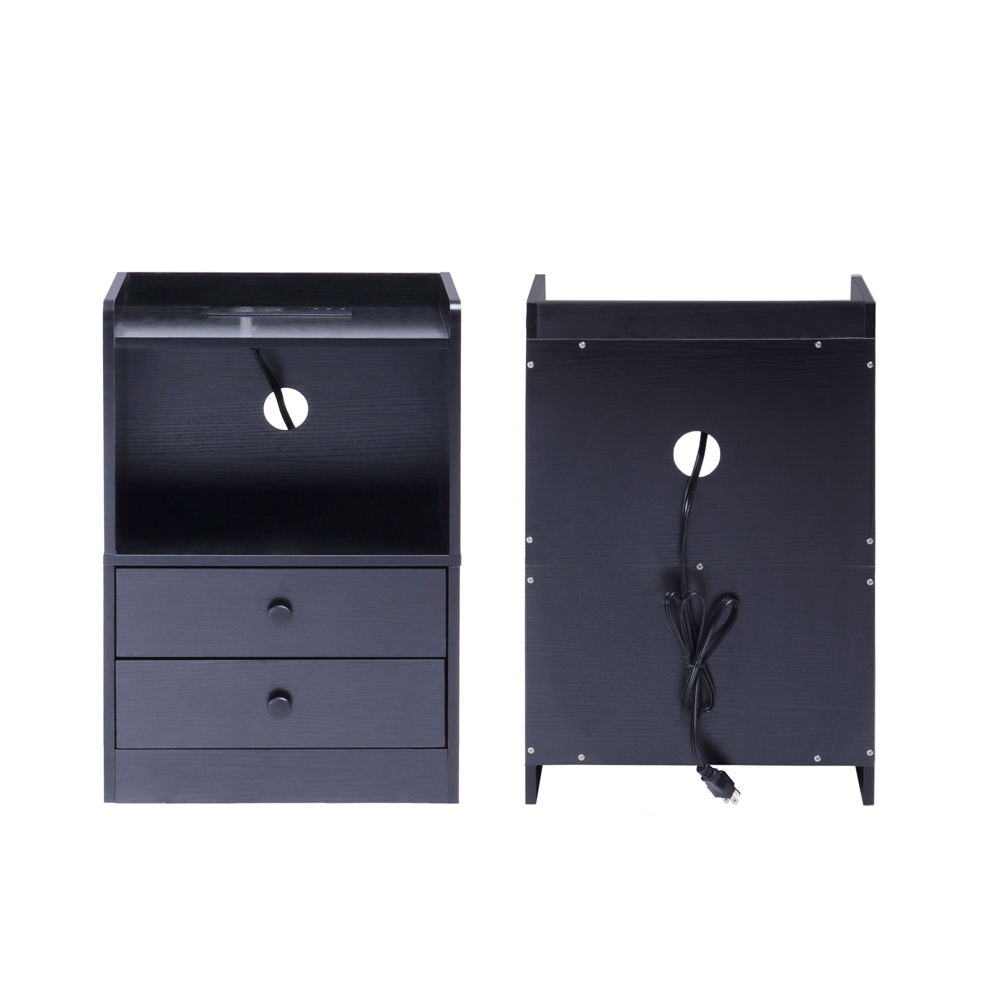 ORNN Nightstand with Charging Station, 2 Drawers, Open Shelf, Cable Port, Small Bedside Table, Black