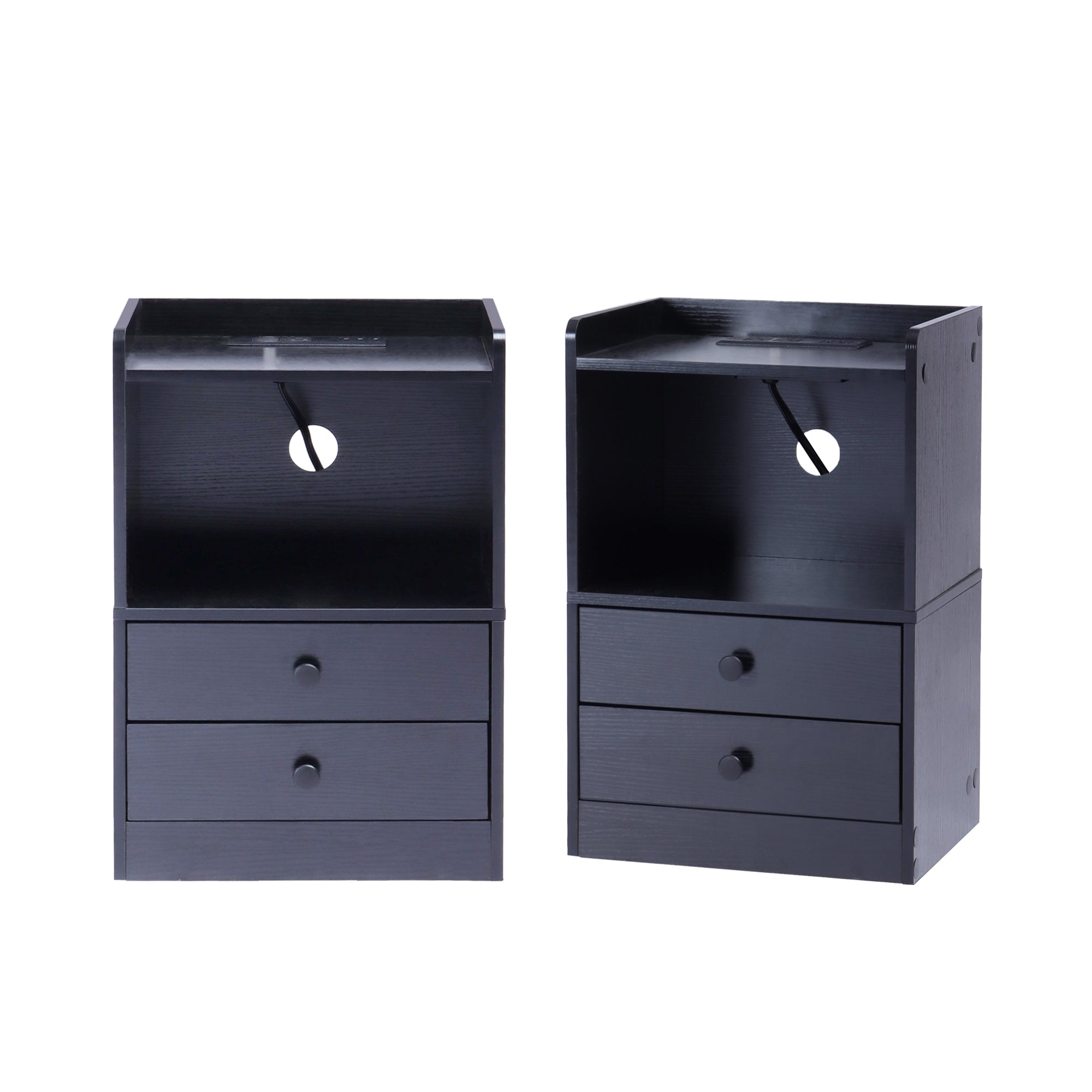 ORNN Nightstand with Charging Station, 2 Drawers, Open Shelf, Cable Port, Small Bedside Table, Black