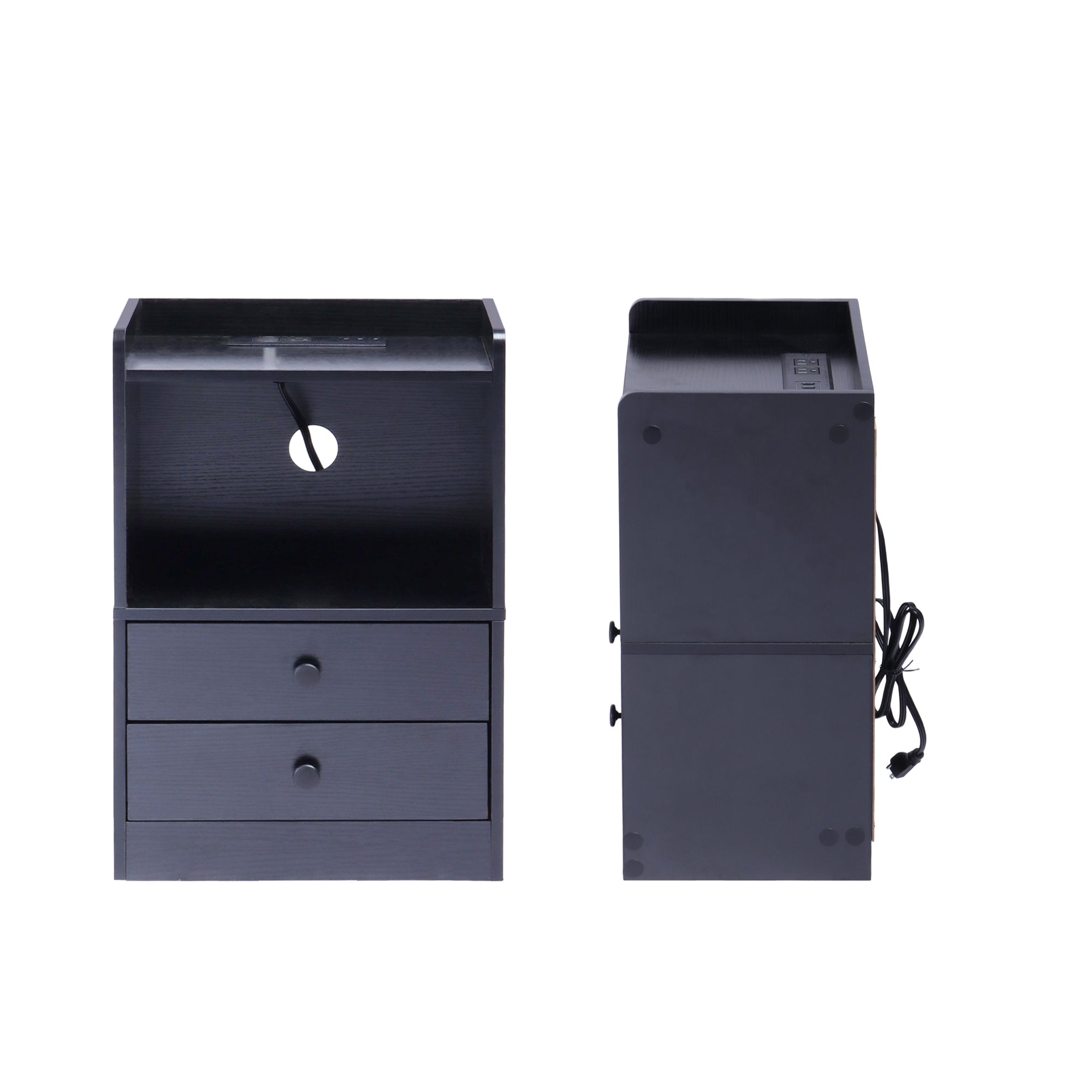 ORNN Nightstand with Charging Station, 2 Drawers, Open Shelf, Cable Port, Small Bedside Table, Black