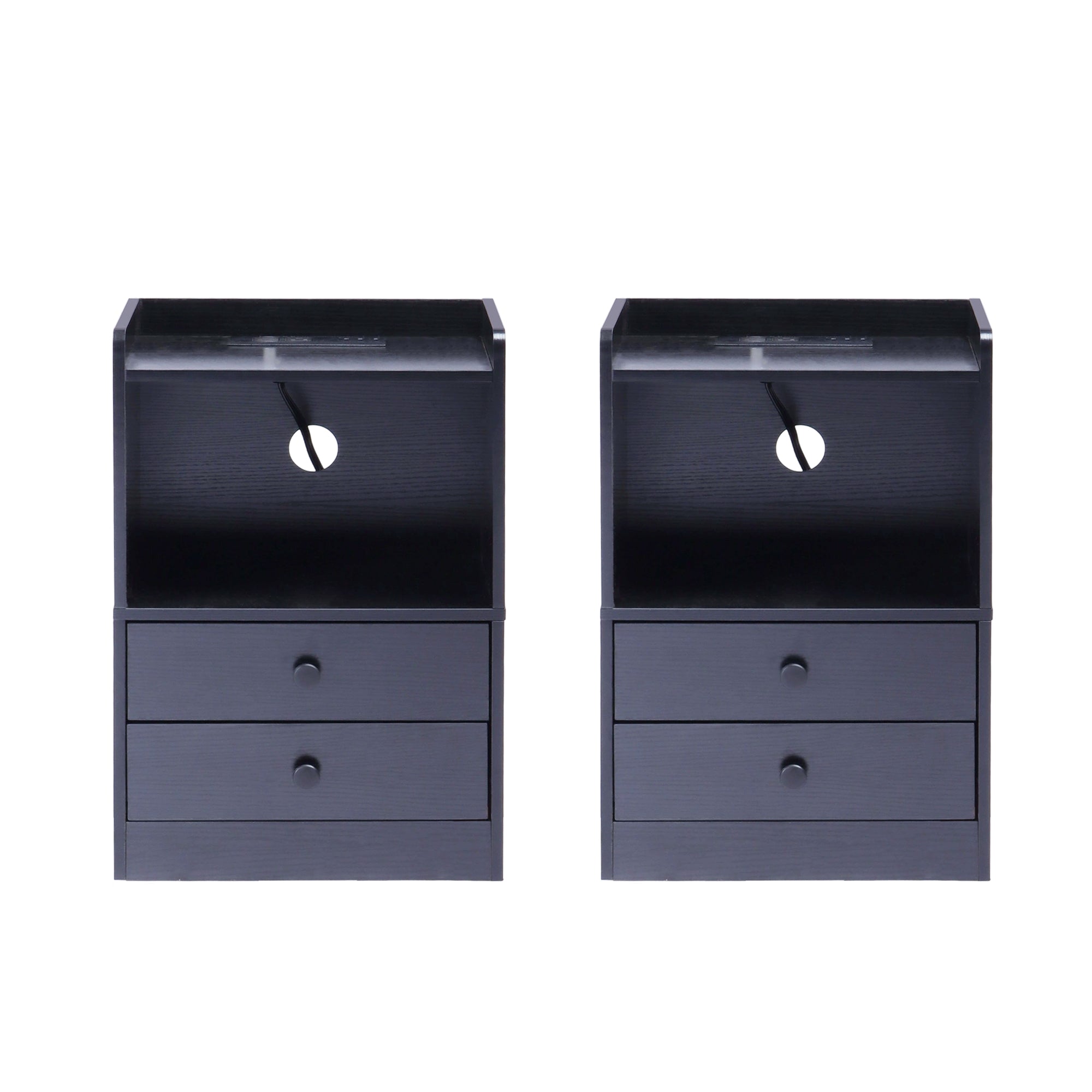 ORNN Nightstand with Charging Station, 2 Drawers, Open Shelf, Cable Port, Small Bedside Table, Black