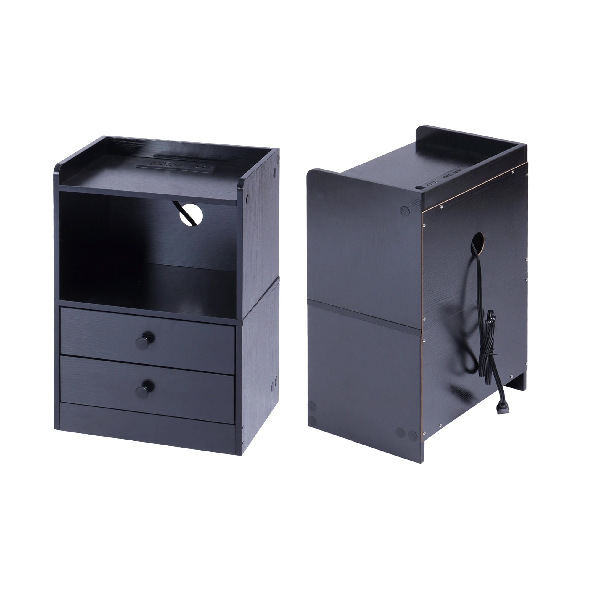 ORNN Nightstand with Charging Station, 2 Drawers, Open Shelf, Cable Port, Small Bedside Table, Black