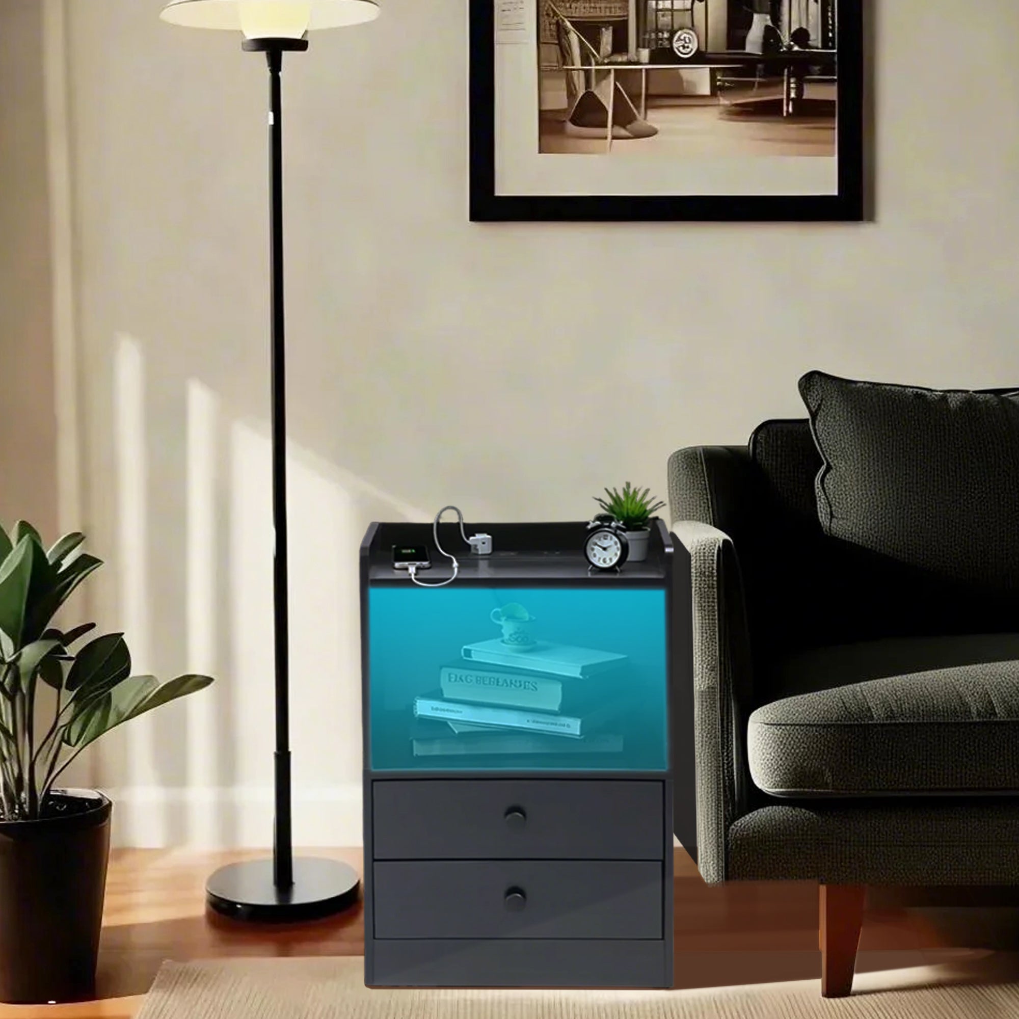 ORNN Nightstand with Charging Station, 2 Drawers, Open Shelf, Cable Port, Small Bedside Table, Black