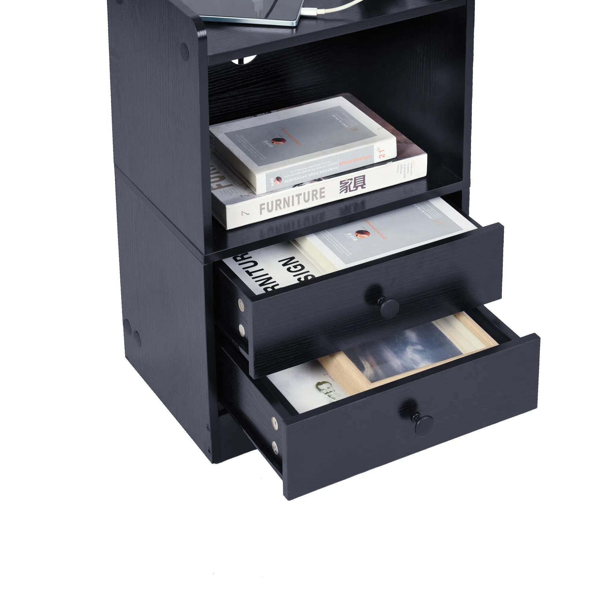ORNN Nightstand with Charging Station, 2 Drawers, Open Shelf, Cable Port, Small Bedside Table, Black
