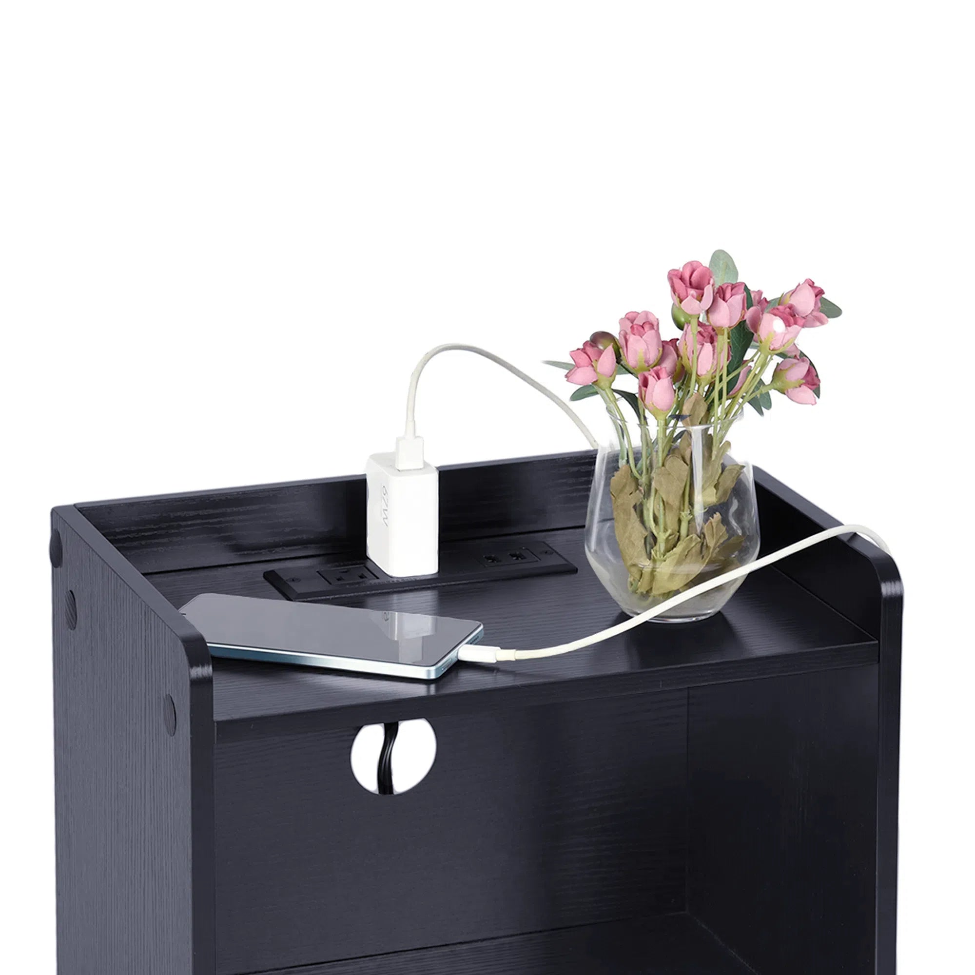 ORNN Nightstand with Charging Station, 2 Drawers, Open Shelf, Cable Port, Small Bedside Table, Black