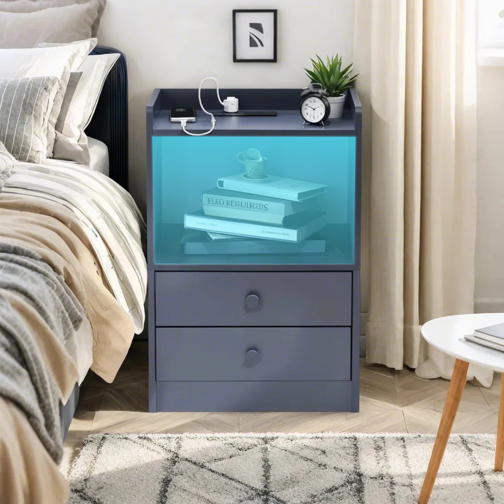 ORNN Nightstand with Charging Station, 2 Drawers, Open Shelf, Cable Port, Small Bedside Table, Black