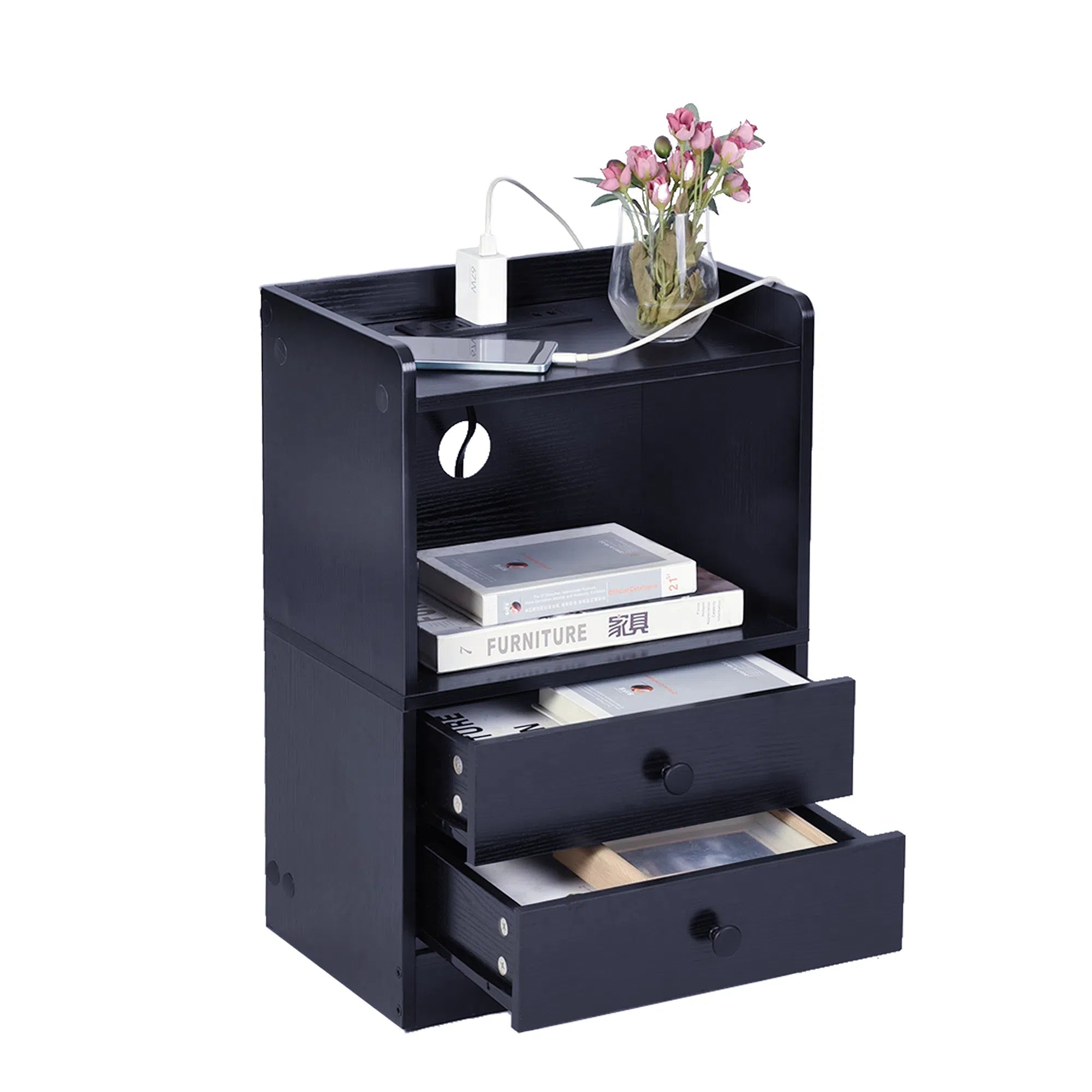 ORNN Nightstand with Charging Station, 2 Drawers, Open Shelf, Cable Port, Small Bedside Table, Black