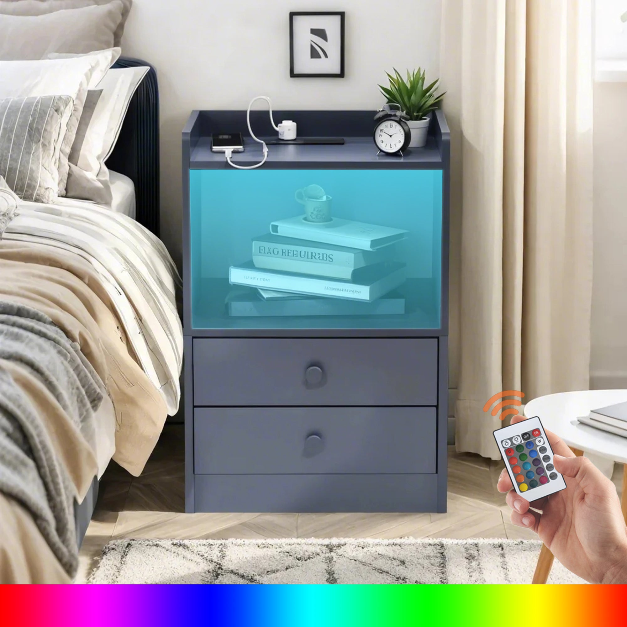 ORNN Nightstand with Charging Station, 2 Drawers, Open Shelf, Cable Port, Small Bedside Table, Black