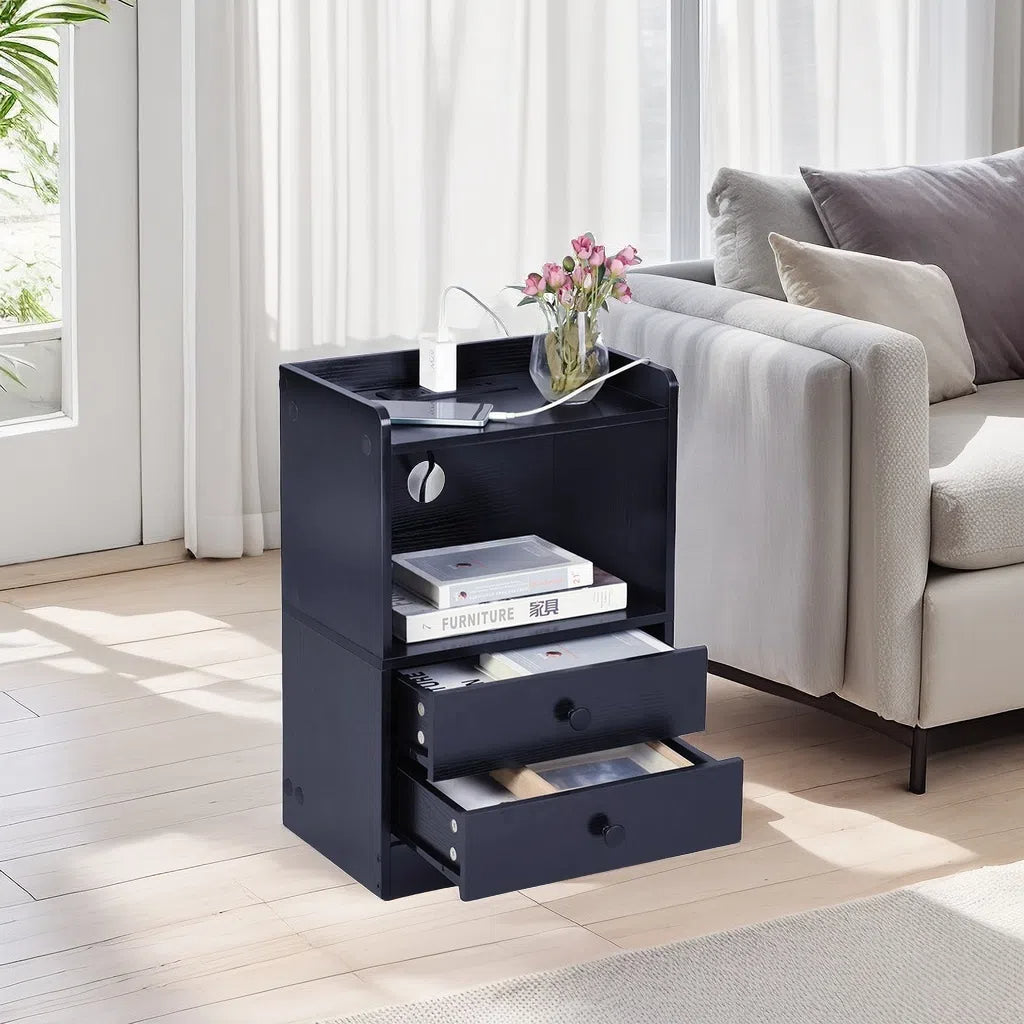 ORNN Nightstand with Charging Station, 2 Drawers, Open Shelf, Cable Port, Small Bedside Table, Black